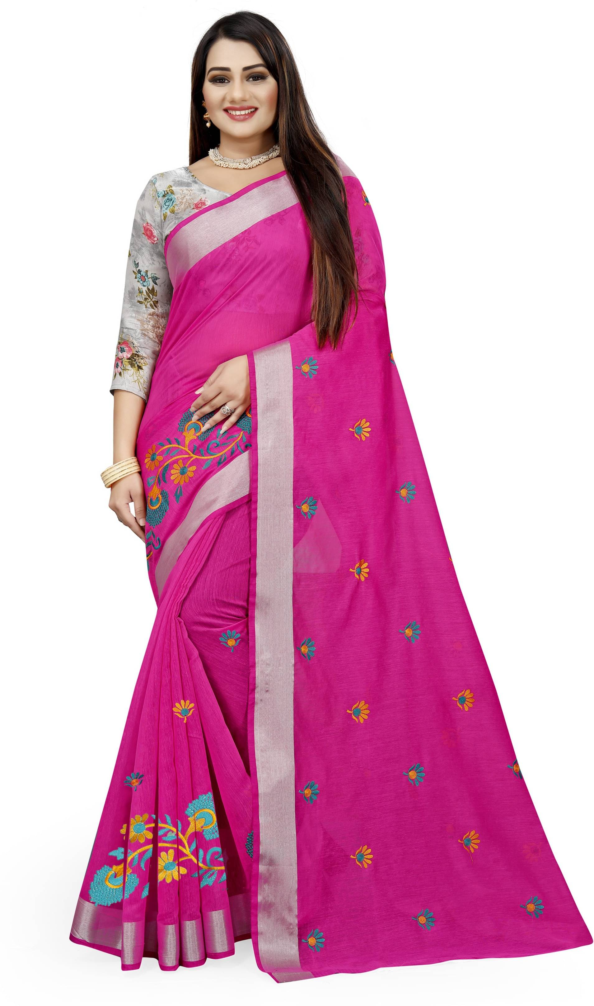     			Indian Fashionista Cotton Blend Embroidered Saree With Unstitched Blouse Piece ( Pink )