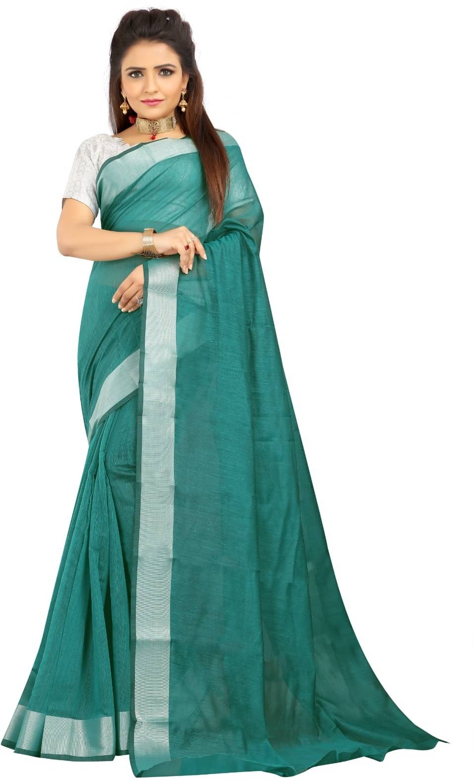    			Indian Fashionista Cotton Blend Solid Saree With Unstitched Blouse Piece ( Green )
