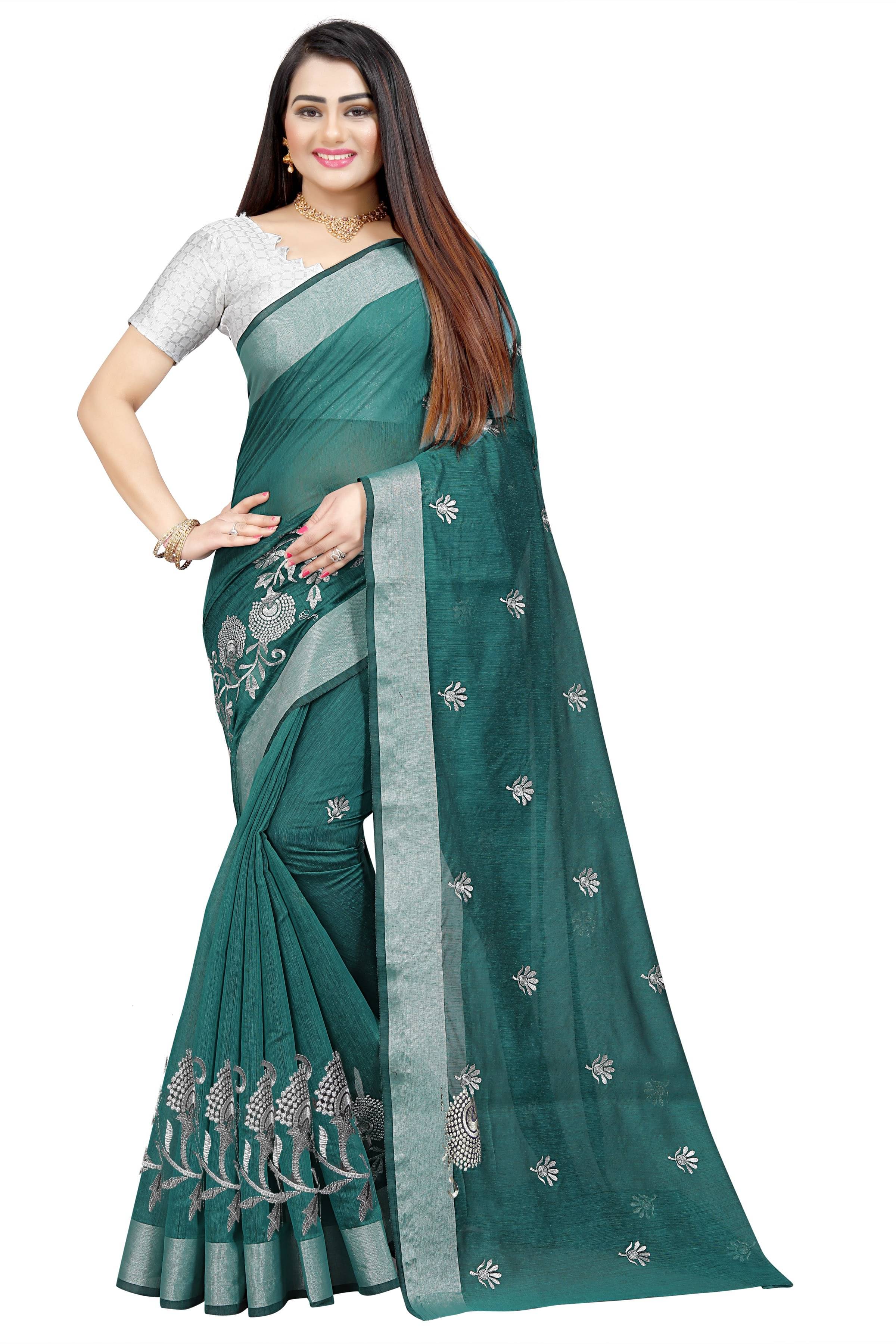     			Indian Fashionista Cotton Silk Embroidered Saree With Unstitched Blouse Piece ( Green )