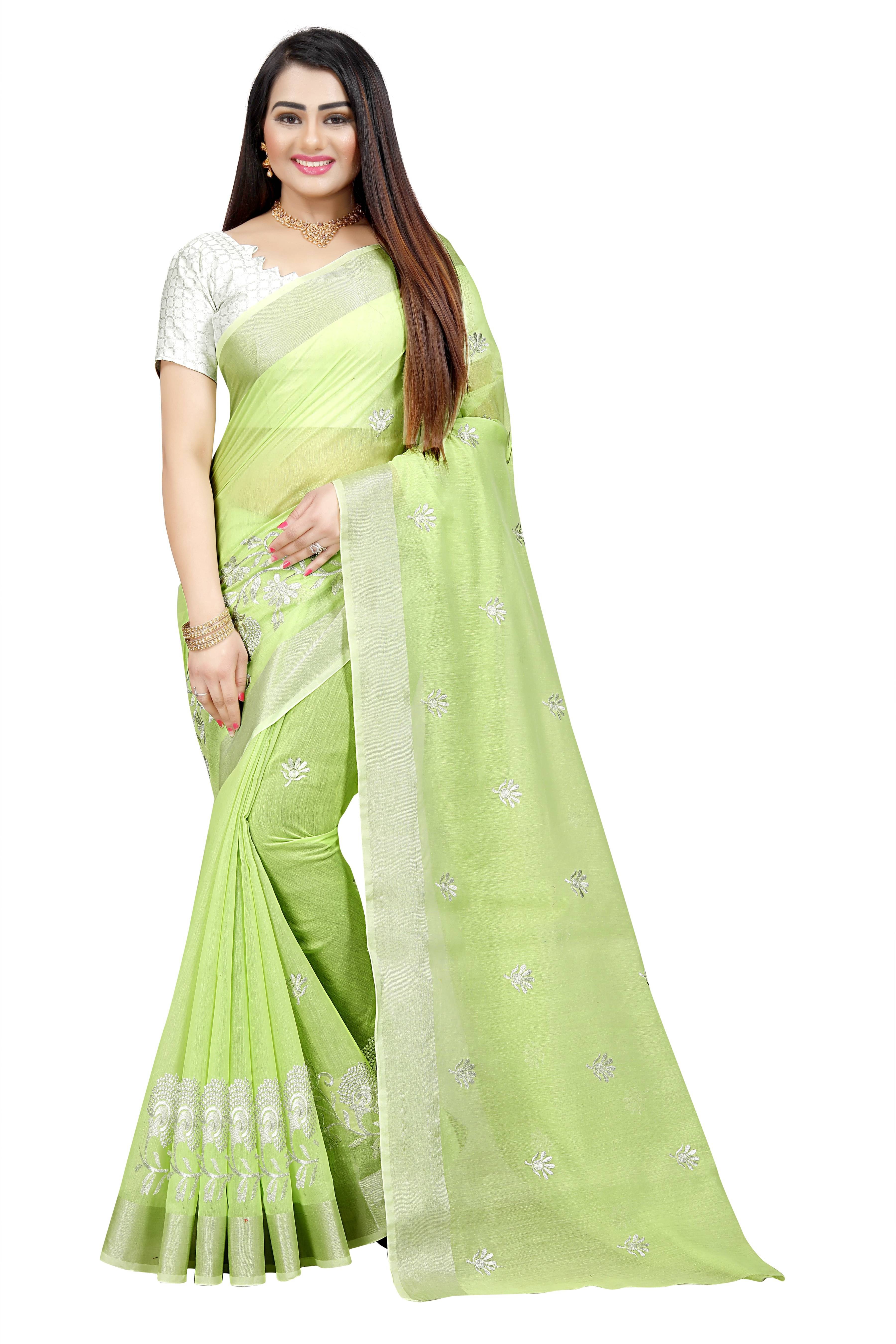     			Indian Fashionista Cotton Silk Embroidered Saree With Unstitched Blouse Piece ( Light Green )