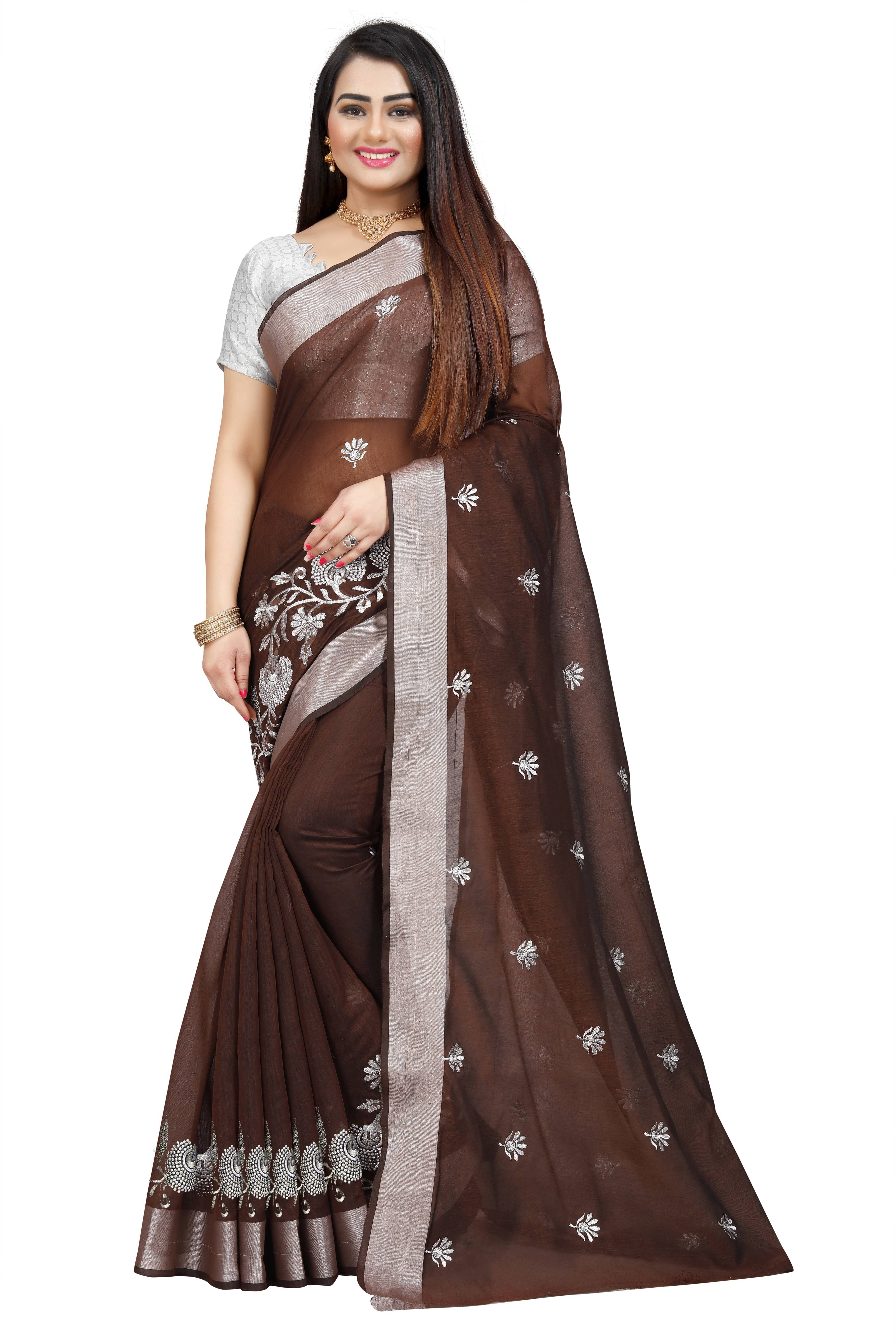     			Indian Fashionista Cotton Silk Embroidered Saree With Unstitched Blouse Piece ( Brown )