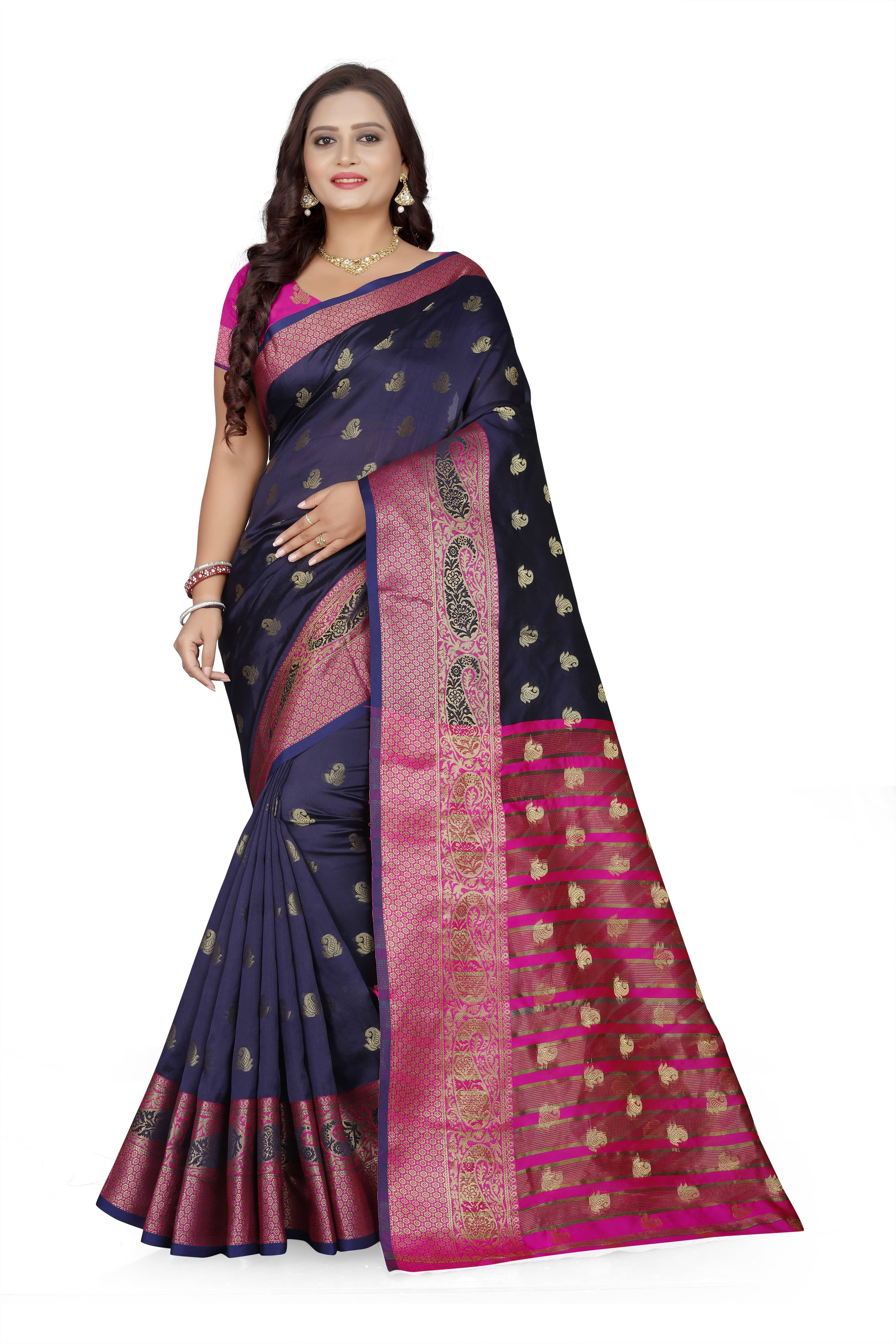     			Indian Fashionista Cotton Silk Printed Saree With Unstitched Blouse Piece ( Blue )