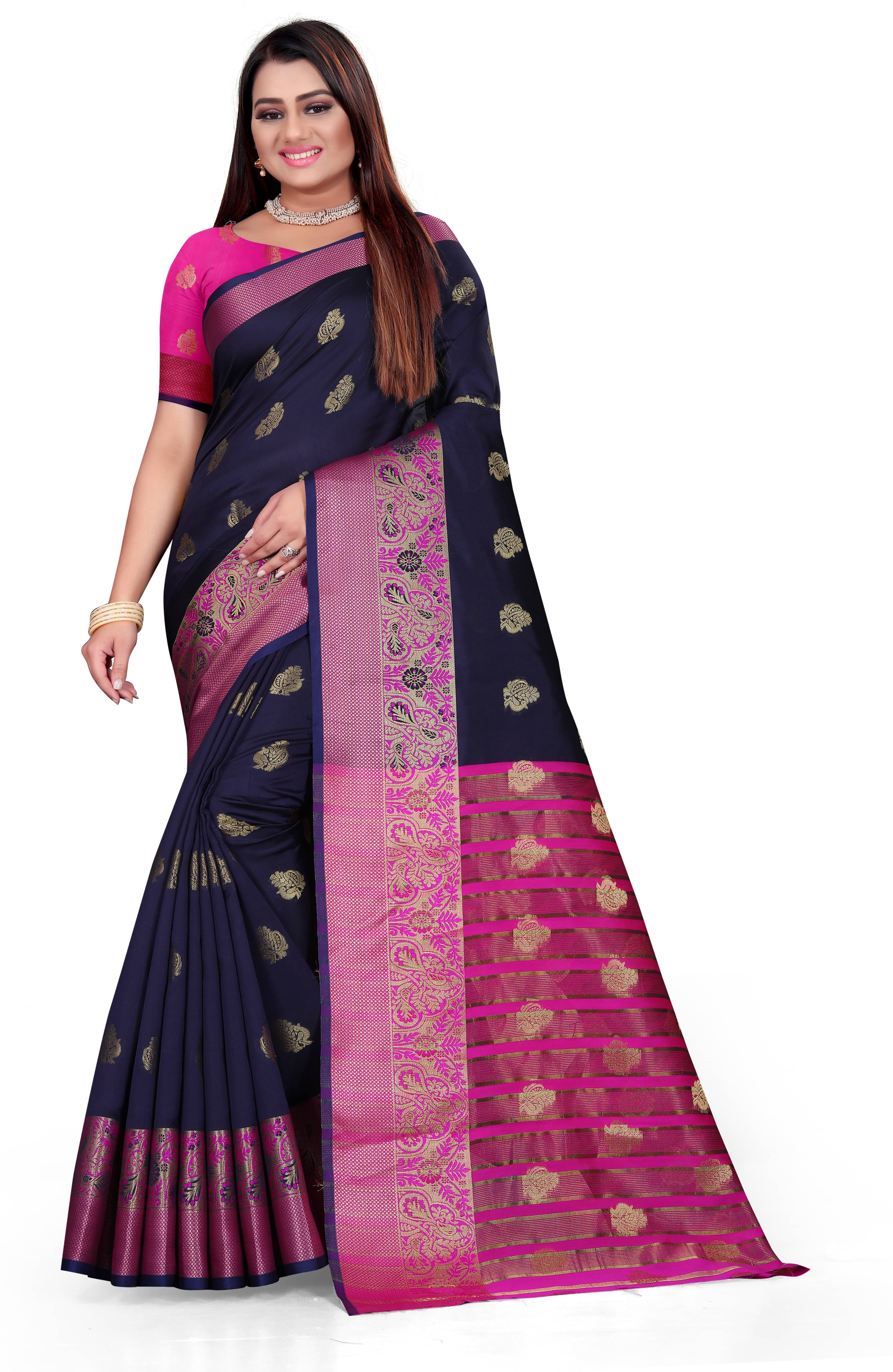     			Indian Fashionista Cotton Silk Printed Saree With Unstitched Blouse Piece ( Blue )