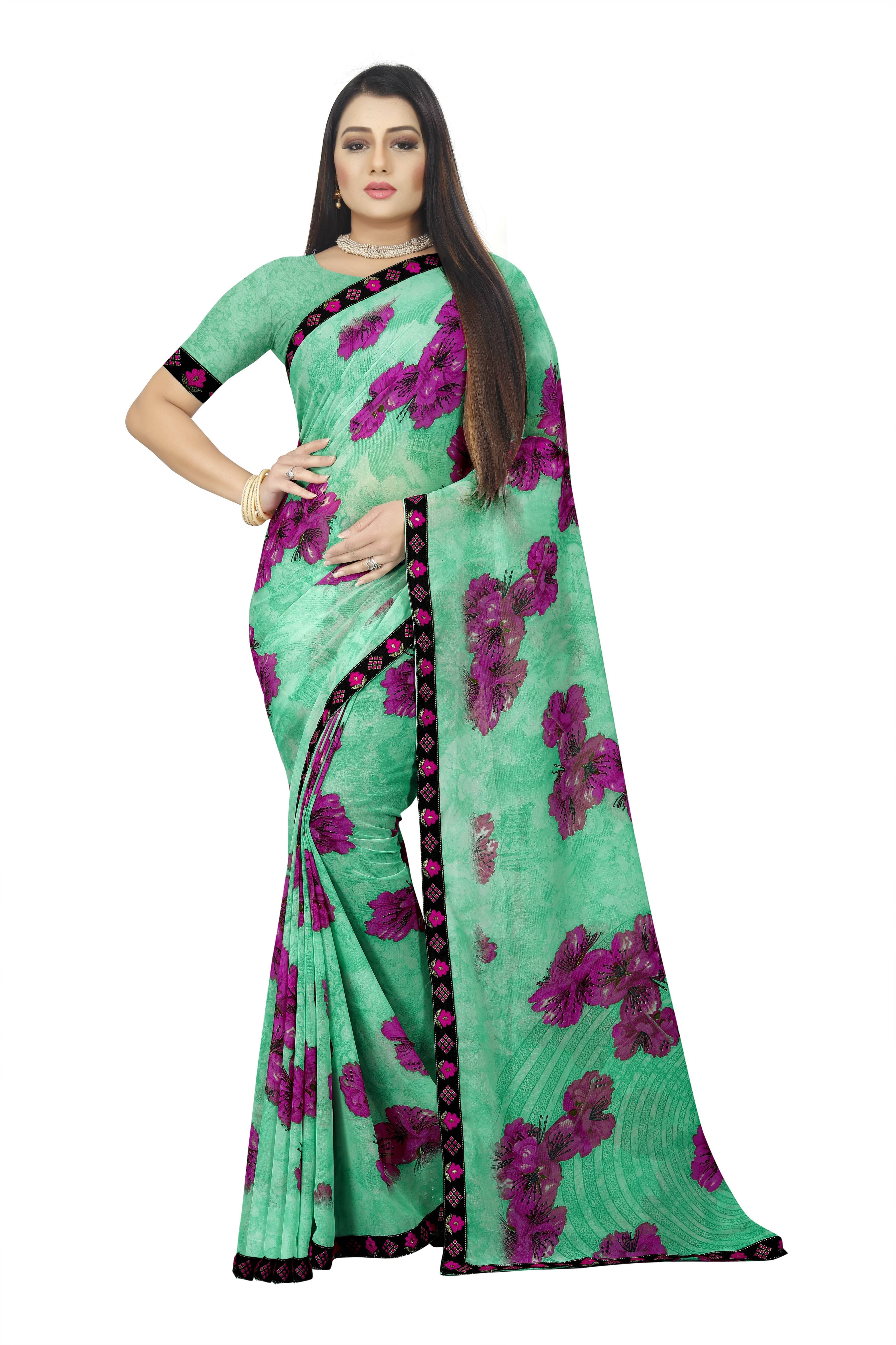     			Indian Fashionista Georgette Printed Saree With Unstitched Blouse Piece ( Green )