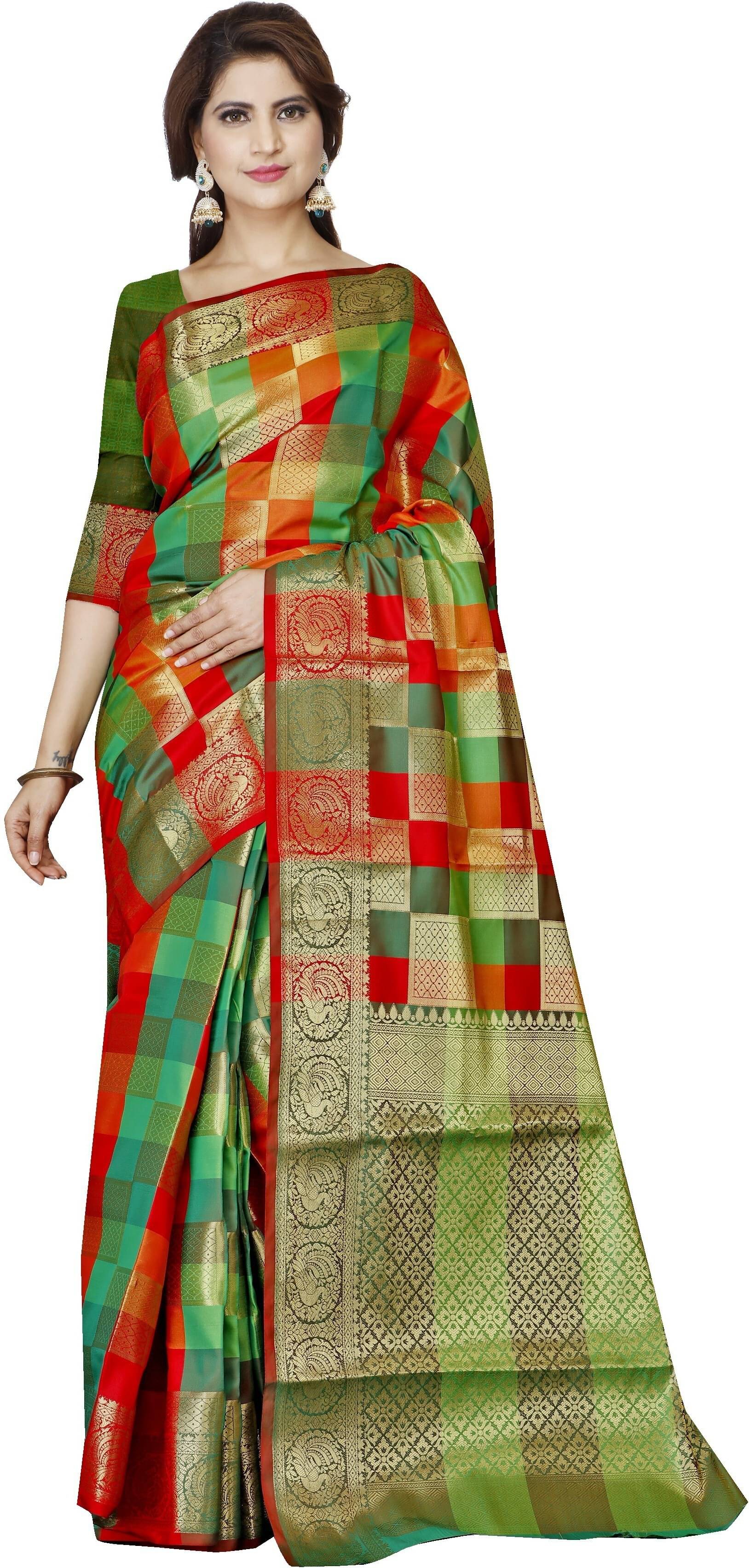     			Indian Fashionista Jacquard Embellished Saree With Unstitched Blouse Piece ( Green )