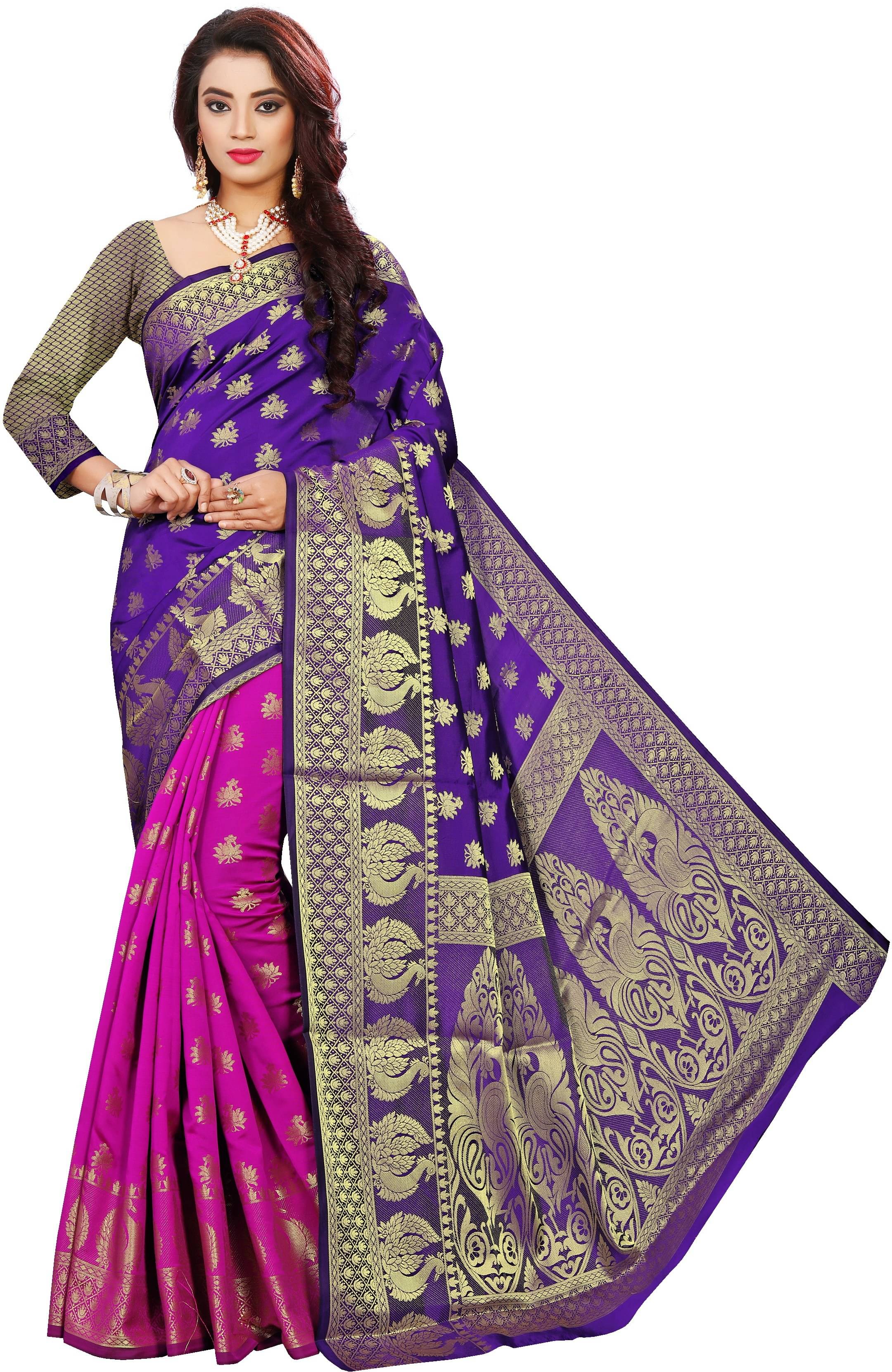     			Indian Fashionista Jacquard Printed Saree With Unstitched Blouse Piece ( Purple )