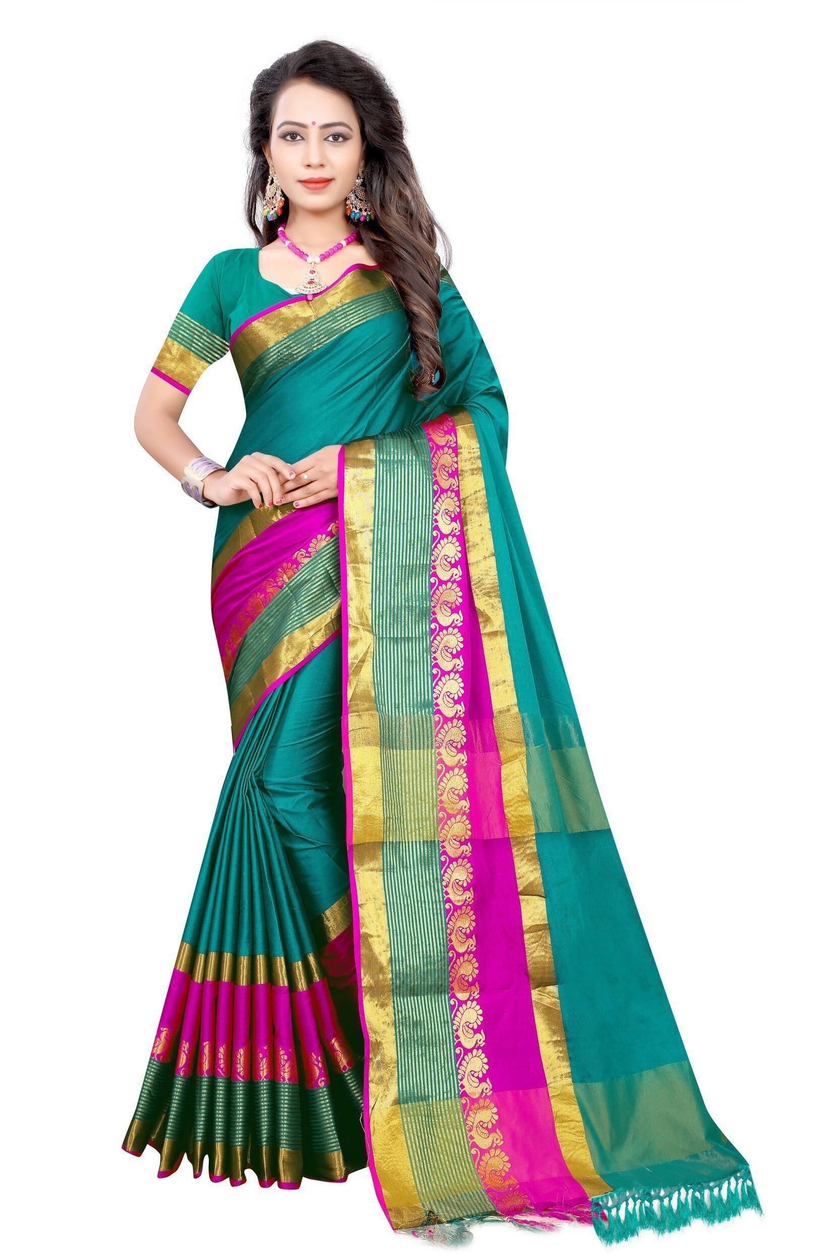     			Indian Fashionista Jacquard Solid Saree With Unstitched Blouse Piece ( Green )