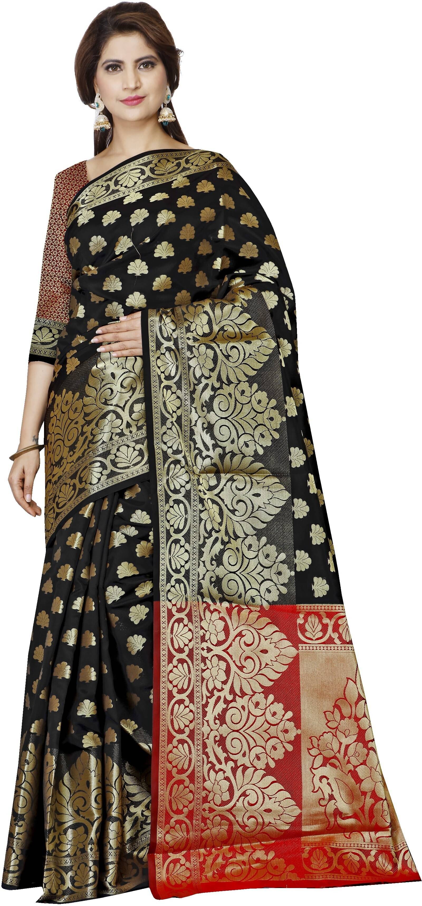     			Indian Fashionista Jacquard Woven Saree With Unstitched Blouse Piece ( Black )