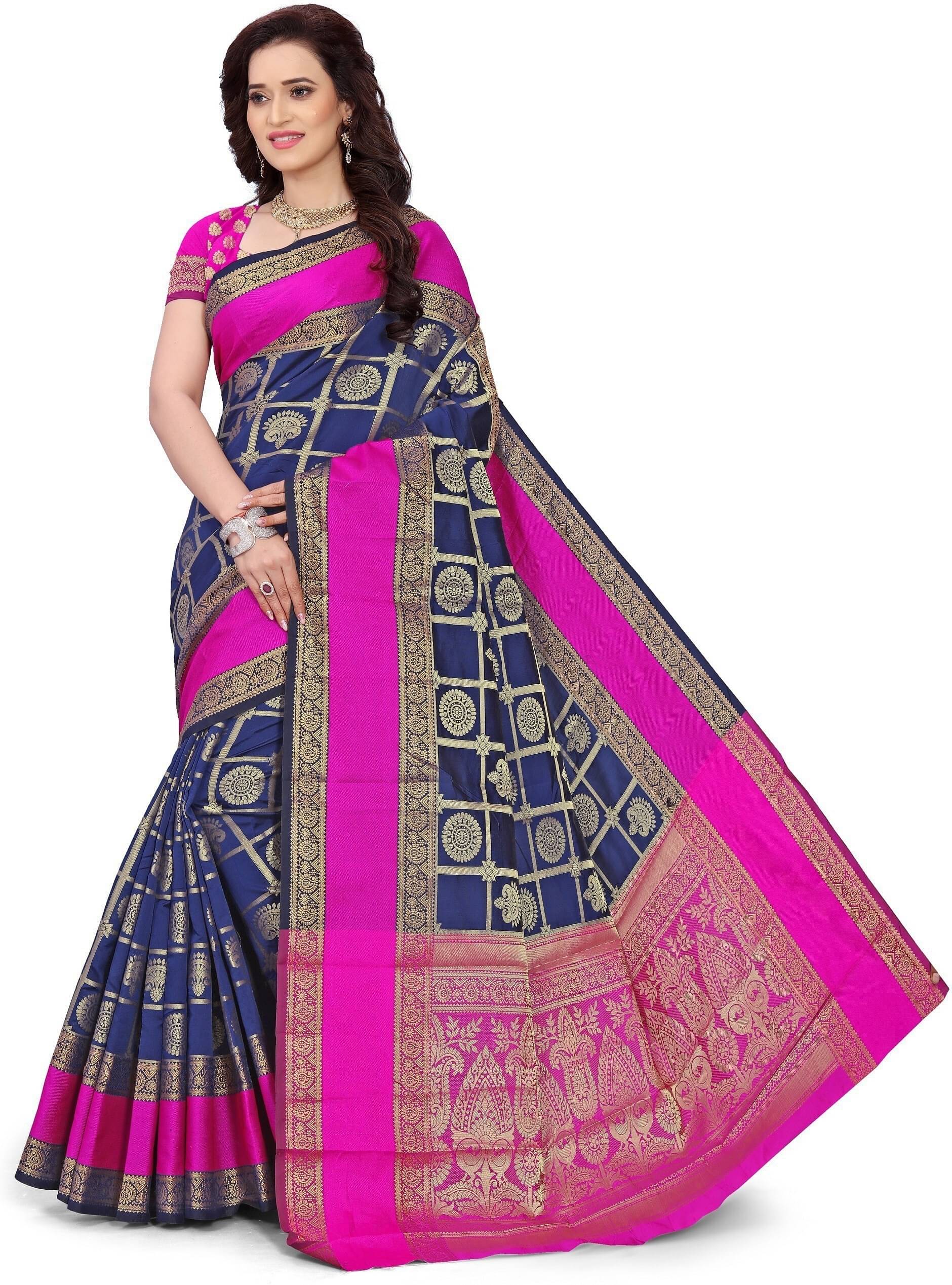     			Indian Fashionista Jacquard Woven Saree With Unstitched Blouse Piece ( Blue )