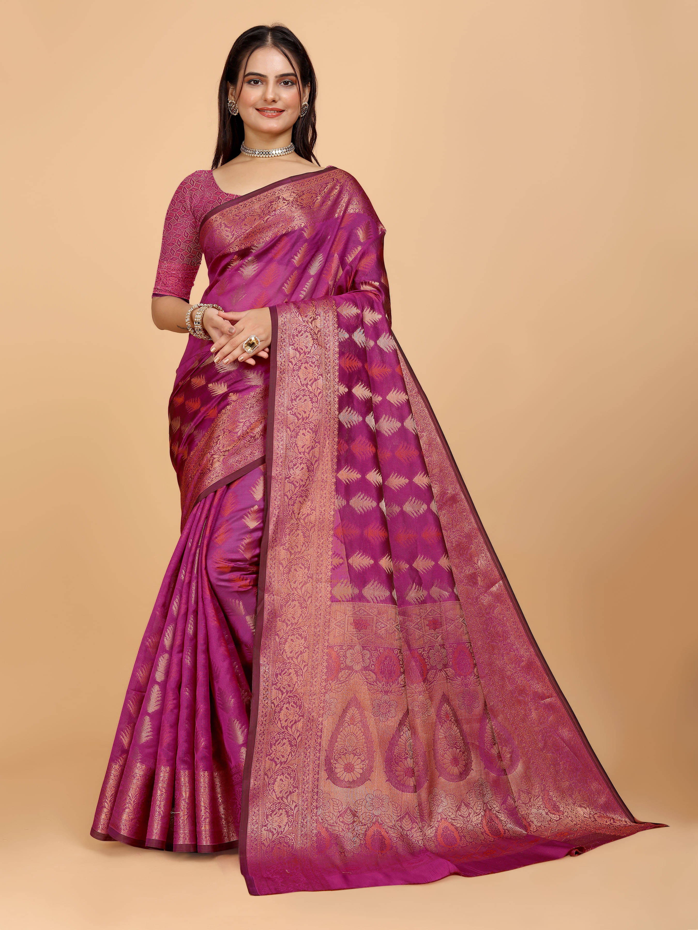     			Indian Fashionista Organza Embellished Saree With Unstitched Blouse Piece ( Pink )
