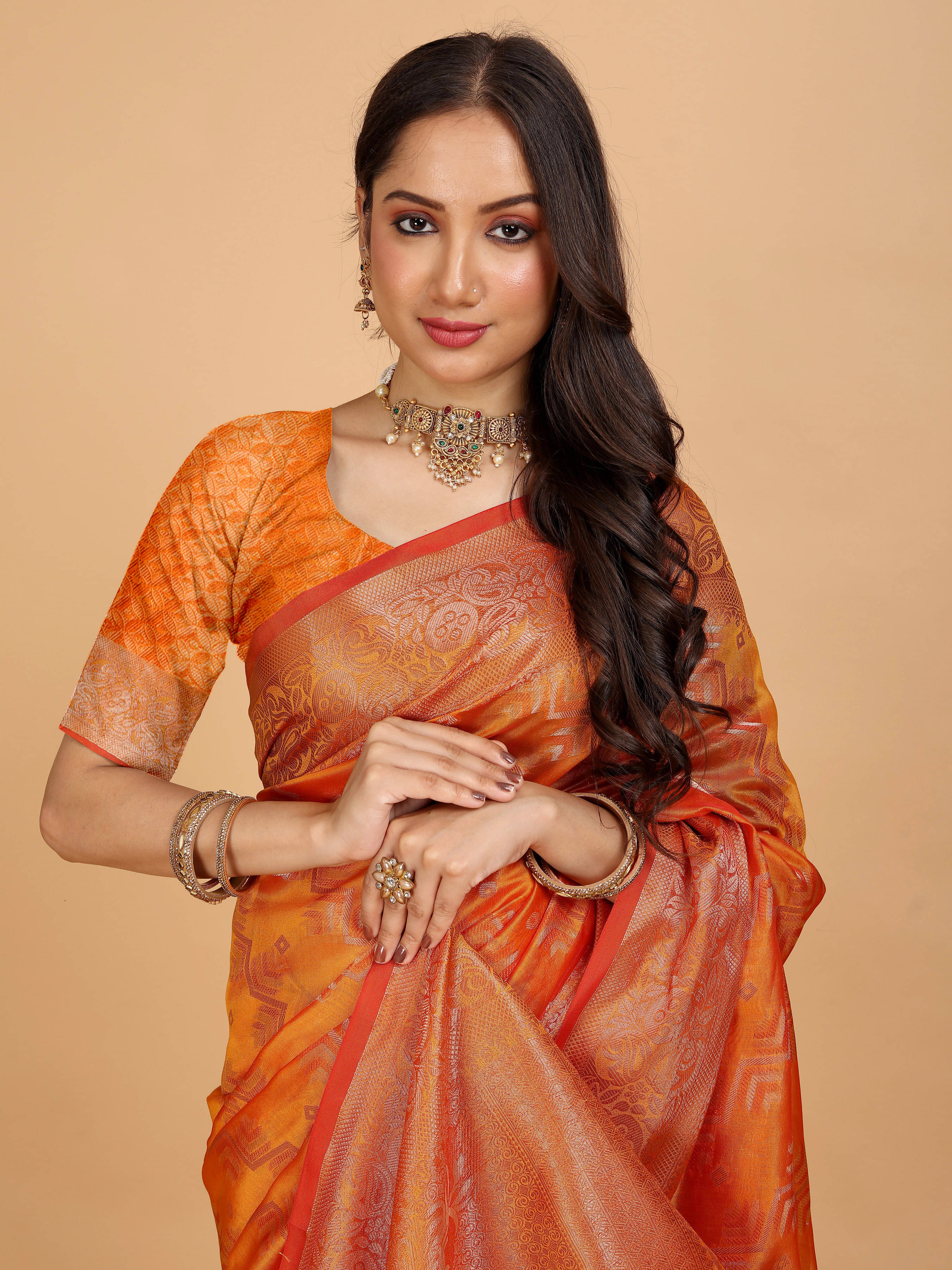     			Indian Fashionista Organza Embellished Saree With Unstitched Blouse Piece ( Multicolor1 )