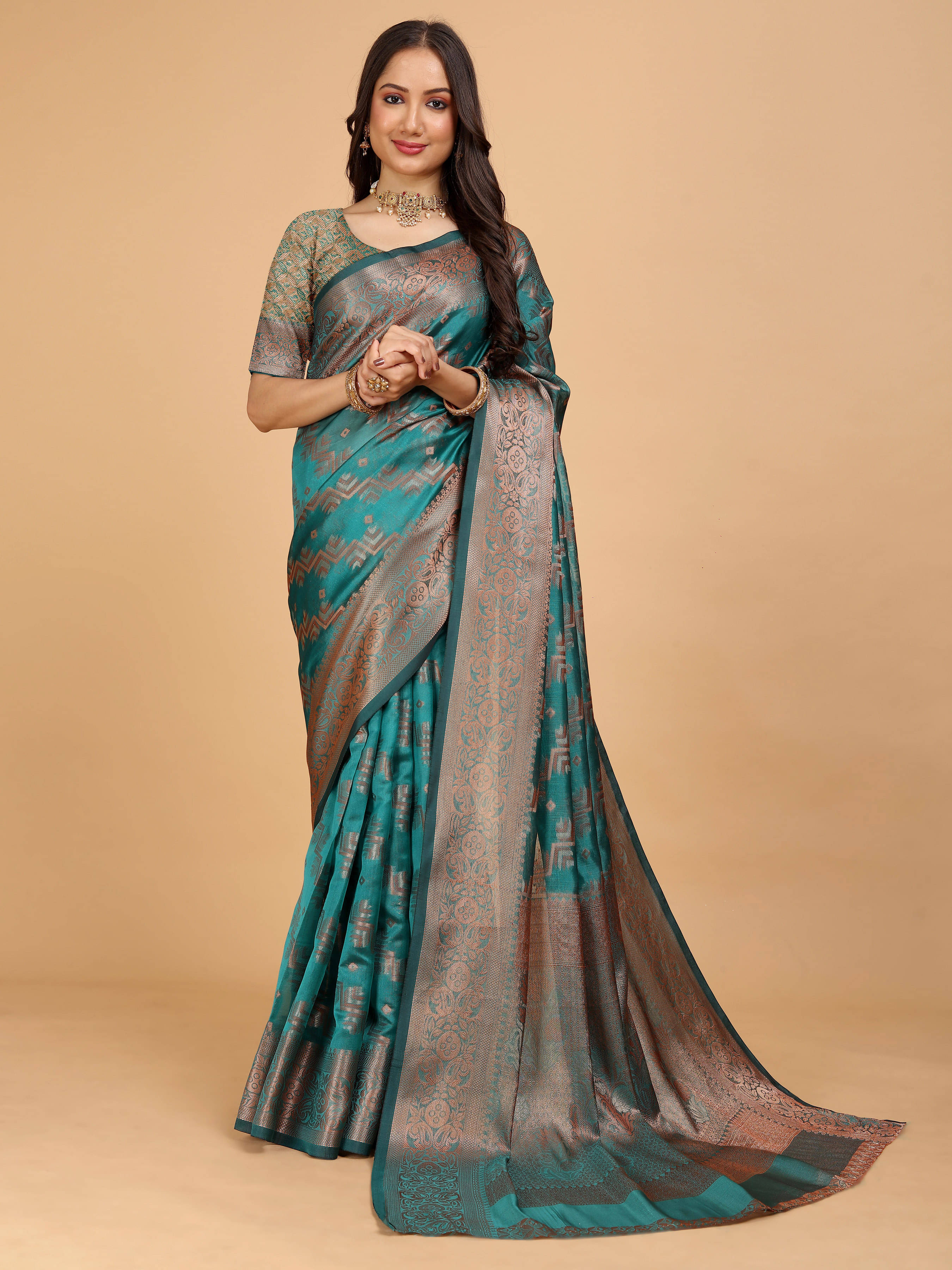     			Indian Fashionista Organza Embellished Saree With Unstitched Blouse Piece ( Multicolor )