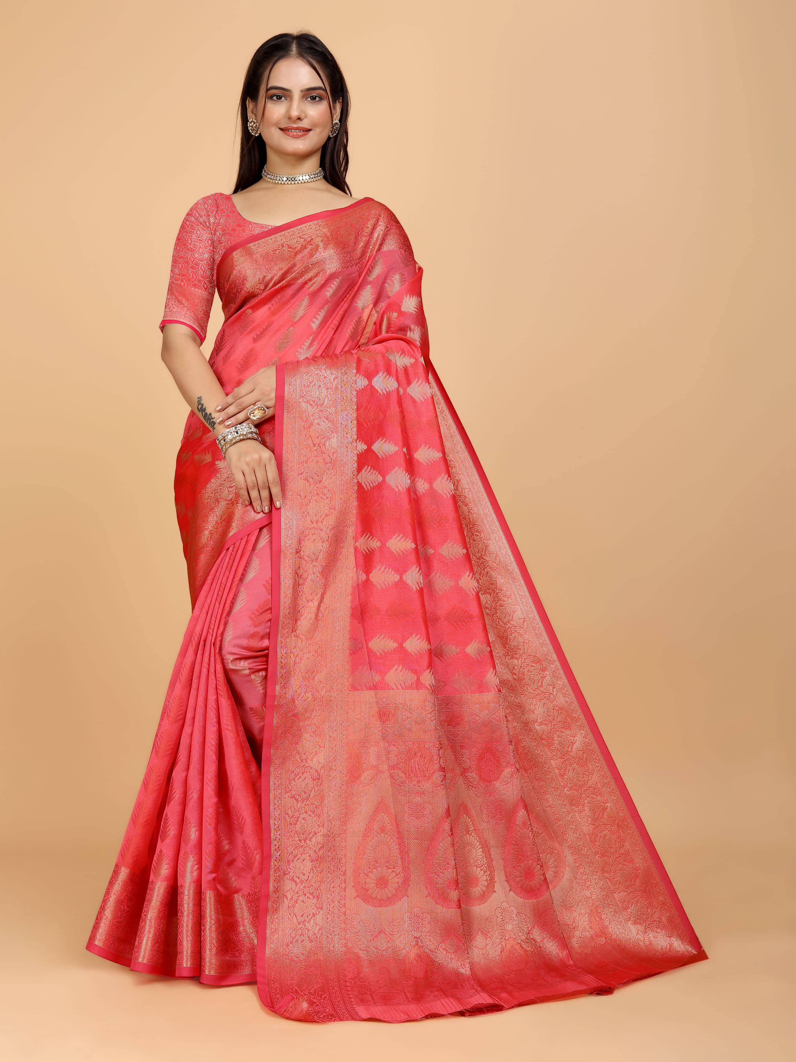     			Indian Fashionista Organza Embellished Saree With Unstitched Blouse Piece ( Beige )