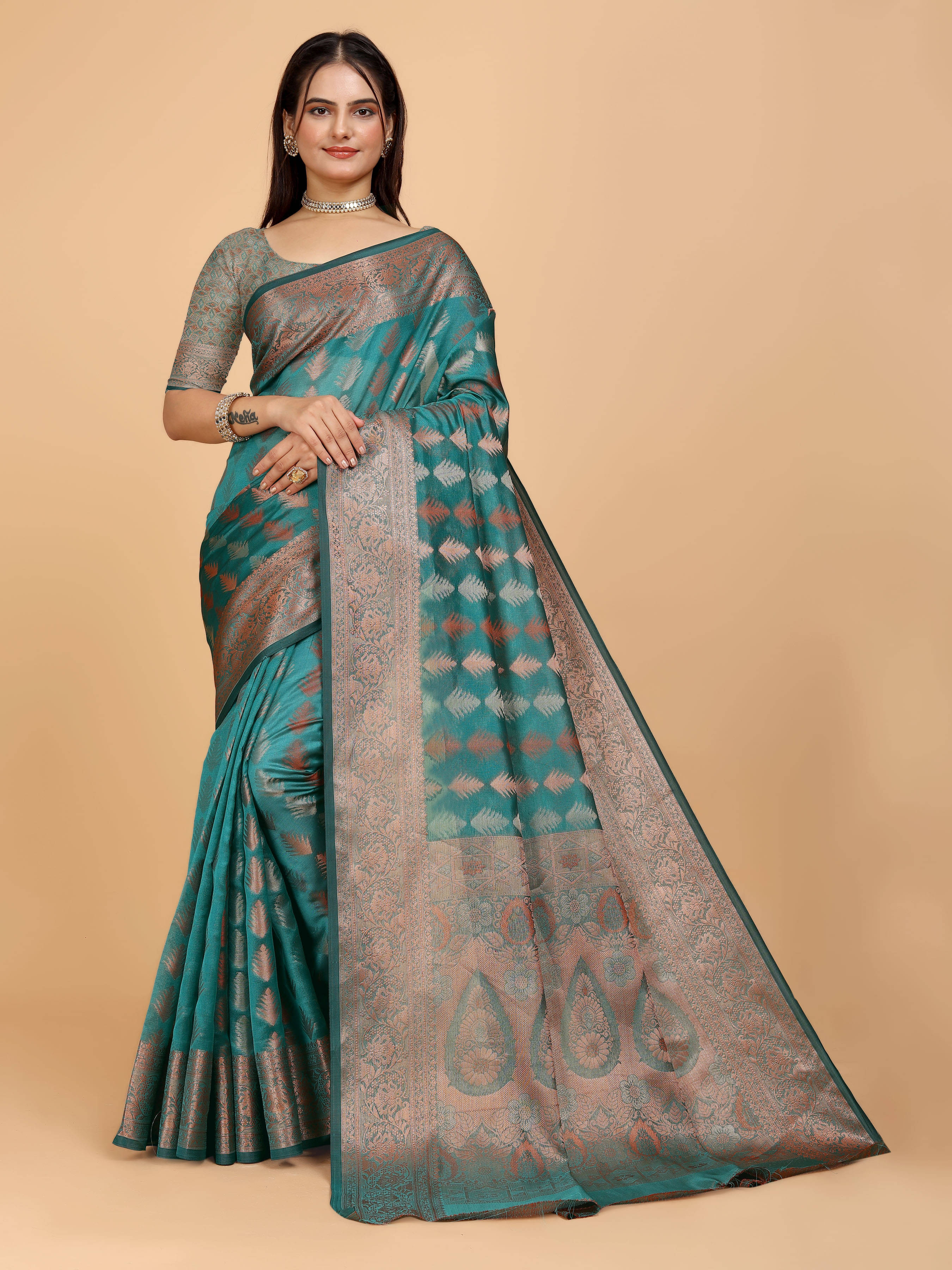     			Indian Fashionista Organza Embellished Saree With Unstitched Blouse Piece ( Light Green )