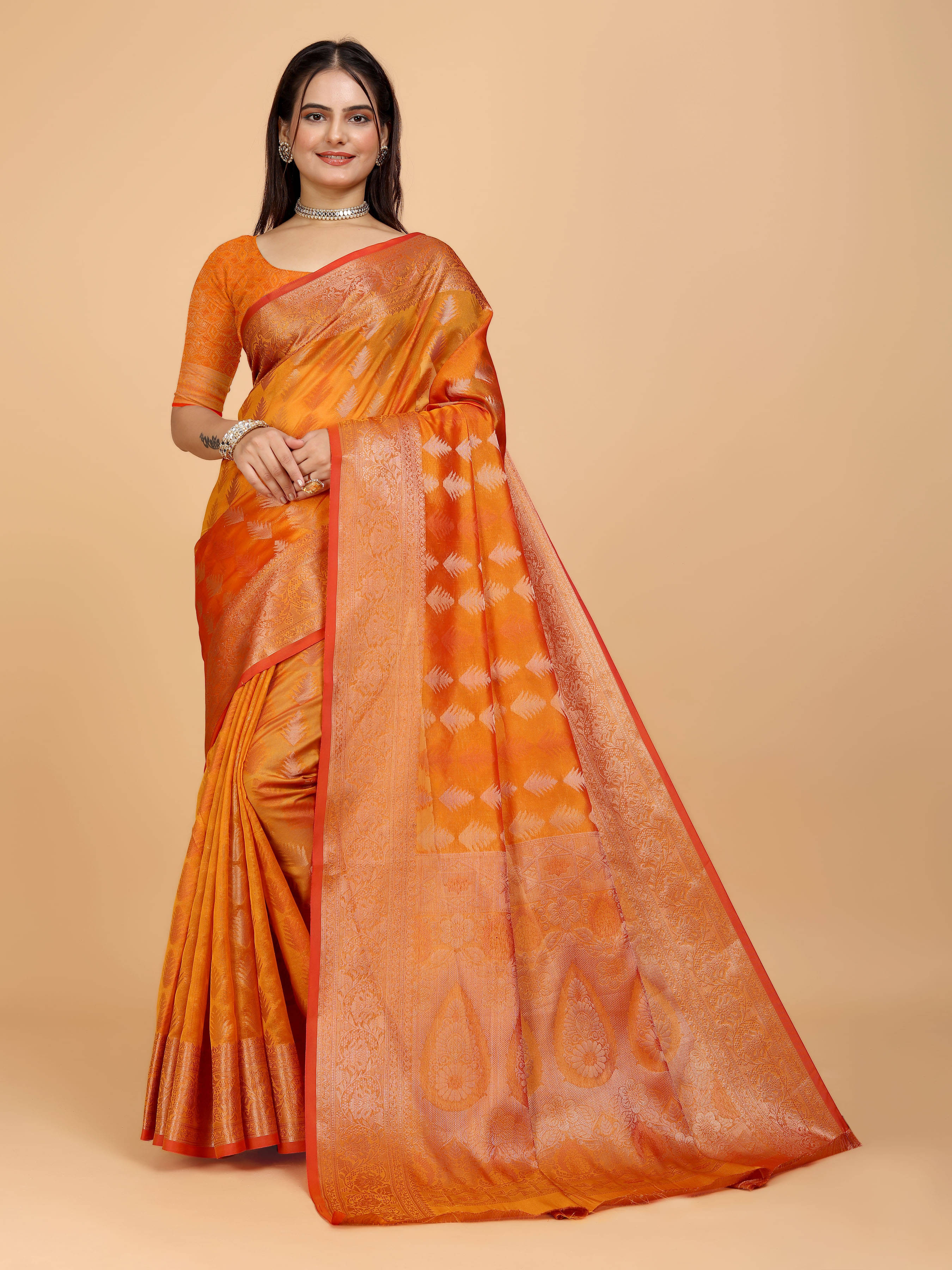     			Indian Fashionista Organza Embellished Saree With Unstitched Blouse Piece ( Mustard )