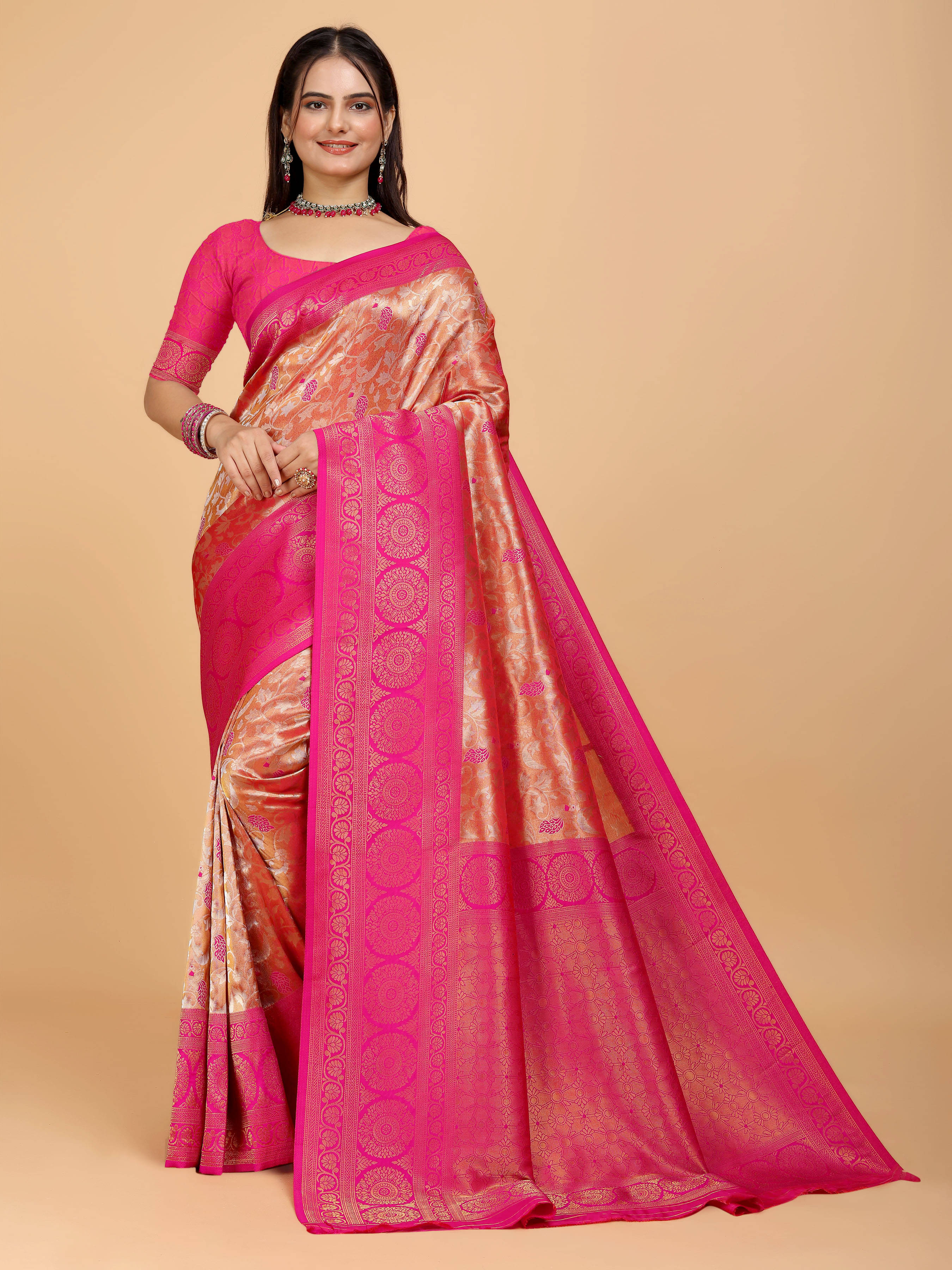     			Indian Fashionista Organza Embellished Saree With Unstitched Blouse Piece ( Pink )