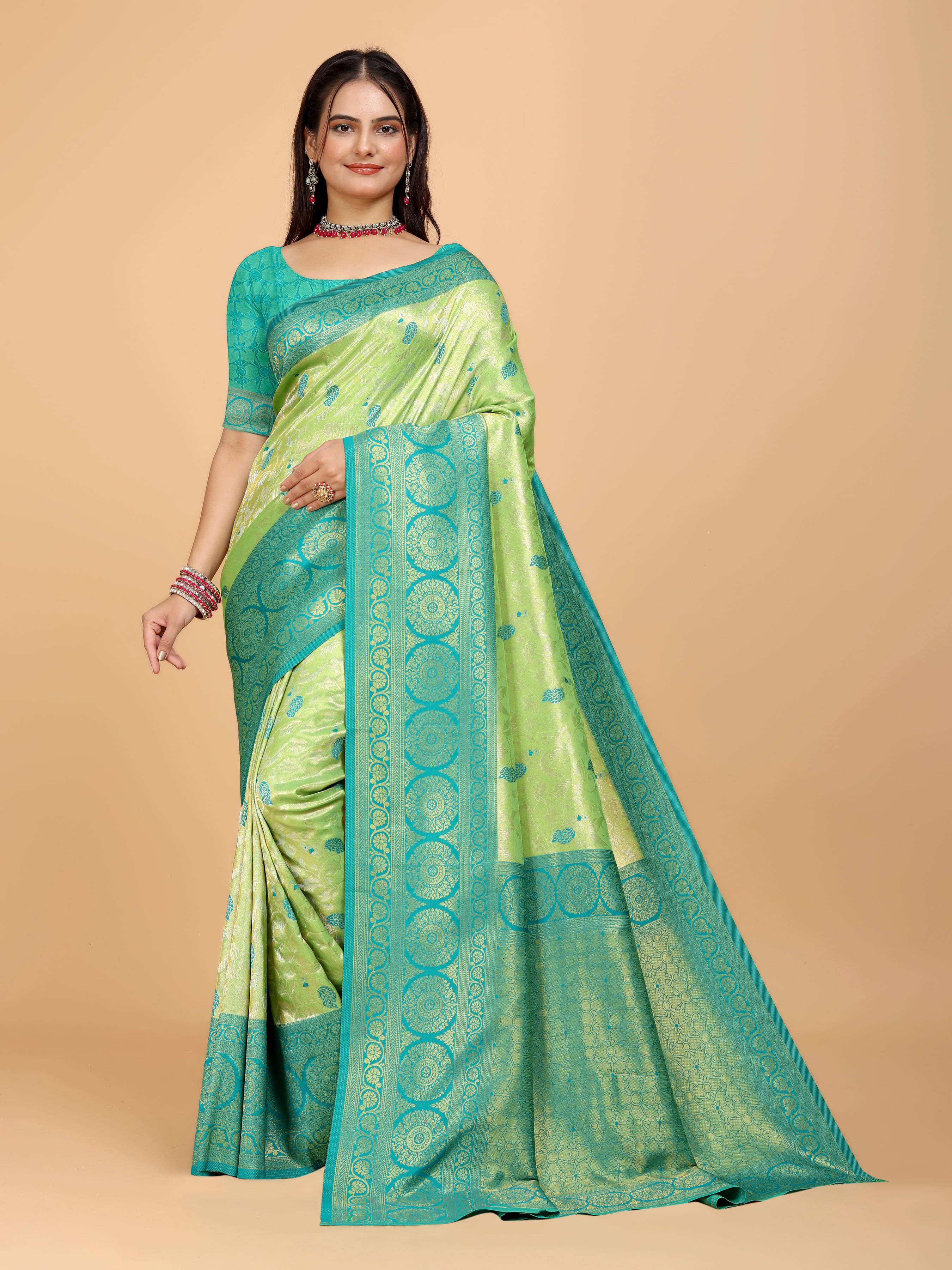     			Indian Fashionista Organza Embellished Saree With Unstitched Blouse Piece ( Light Green )