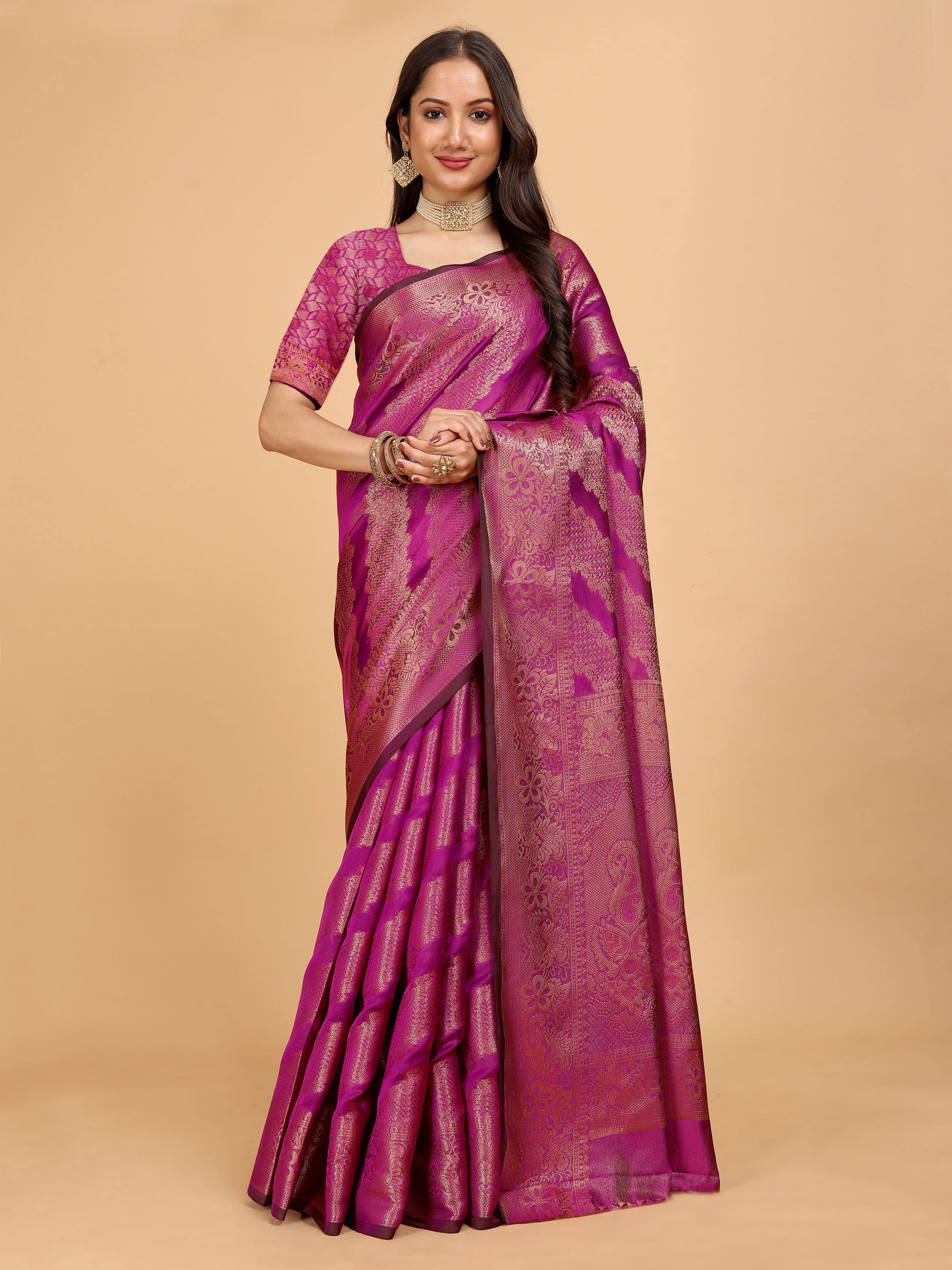     			Indian Fashionista Organza Embellished Saree With Unstitched Blouse Piece ( Pink )
