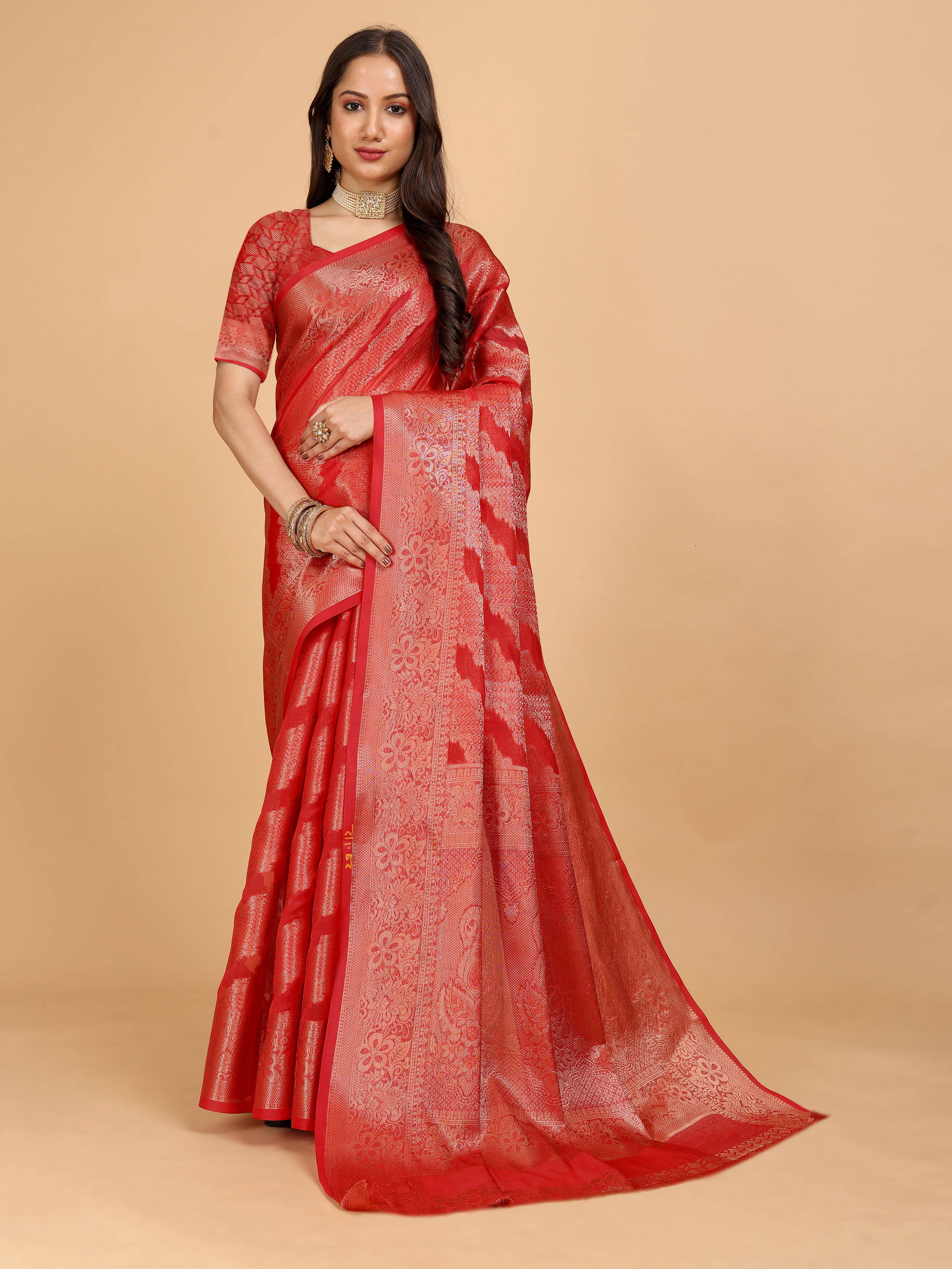     			Indian Fashionista Organza Embellished Saree With Unstitched Blouse Piece ( Red )