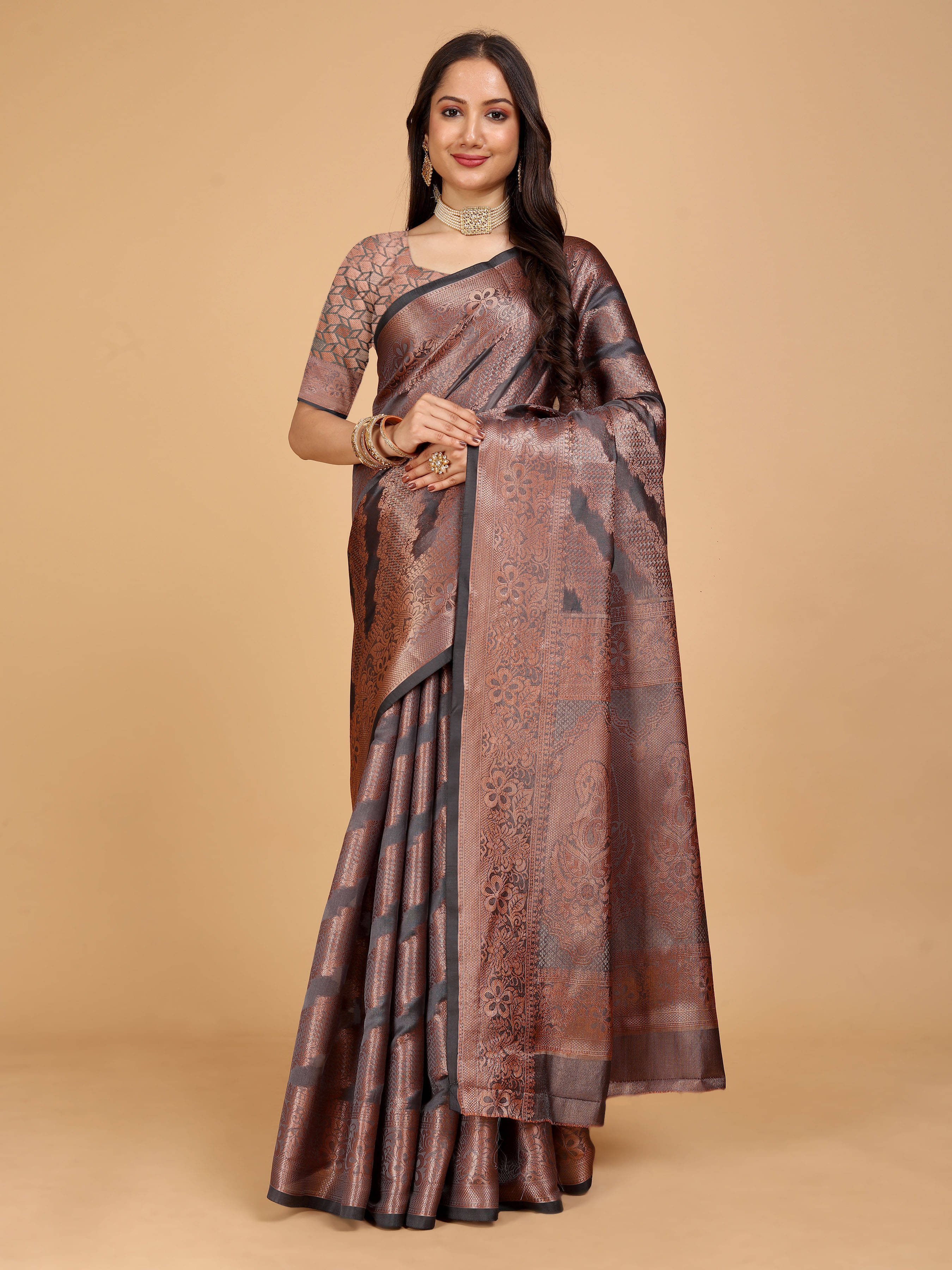     			Indian Fashionista Organza Embellished Saree With Unstitched Blouse Piece ( Grey )