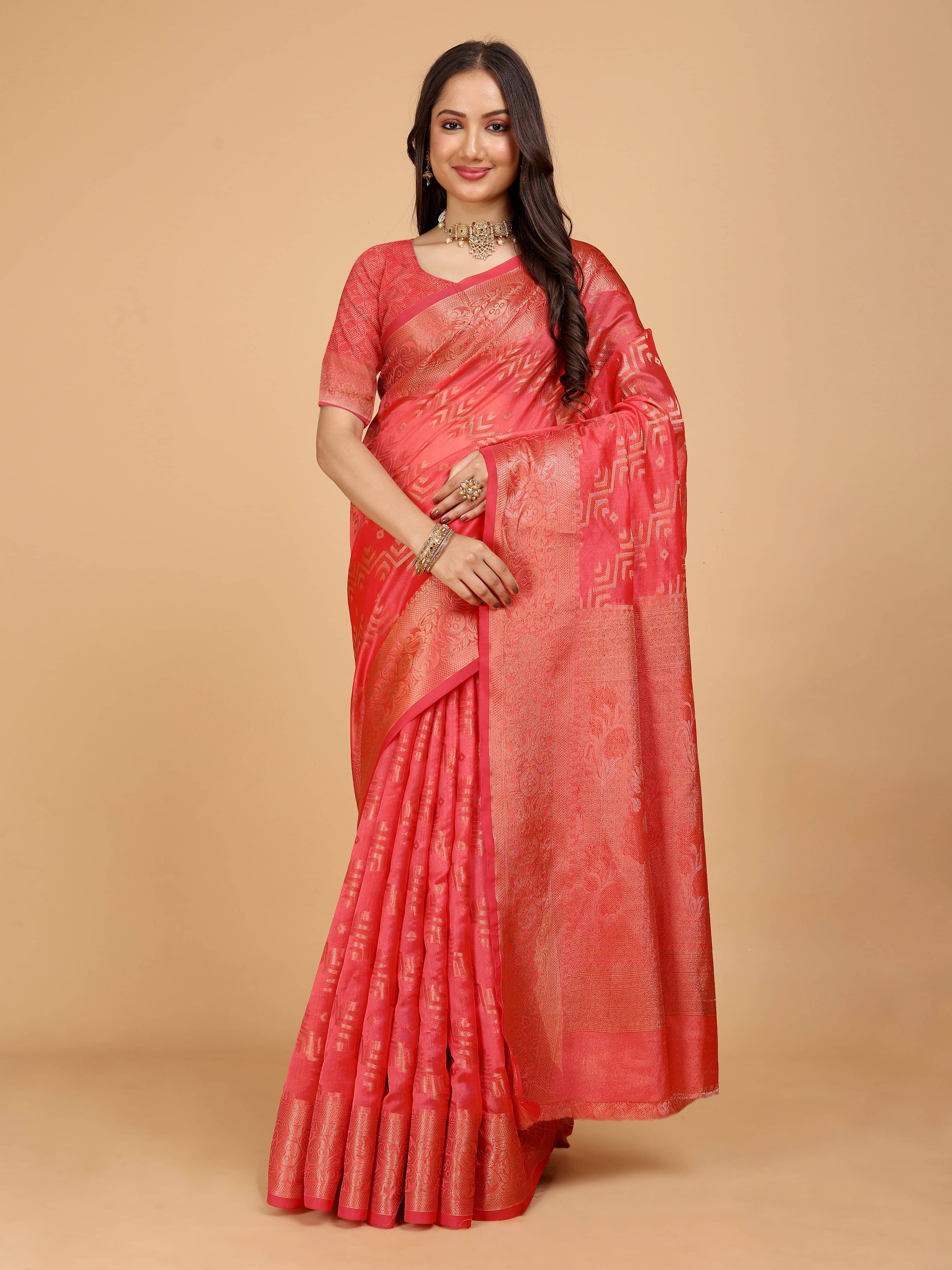     			Indian Fashionista Organza Embellished Saree With Unstitched Blouse Piece ( Beige )
