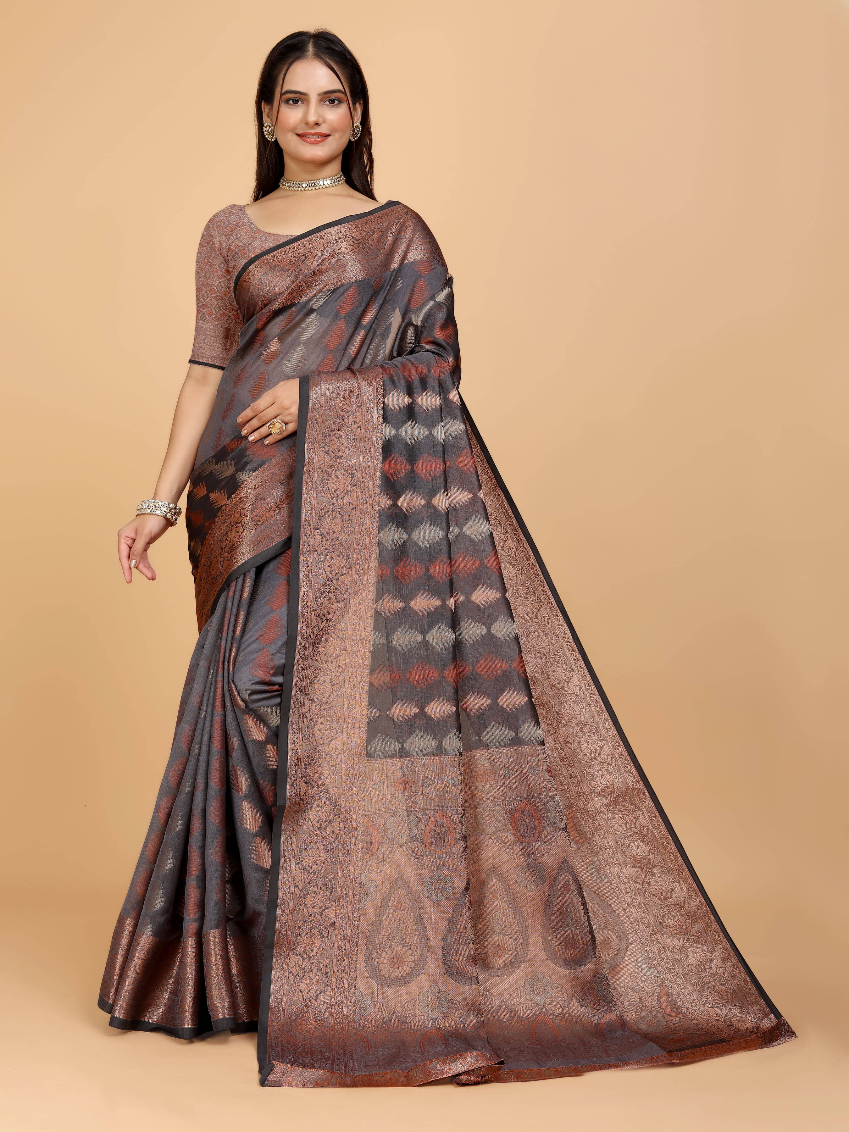     			Indian Fashionista Organza Embellished Saree With Unstitched Blouse Piece ( Grey )