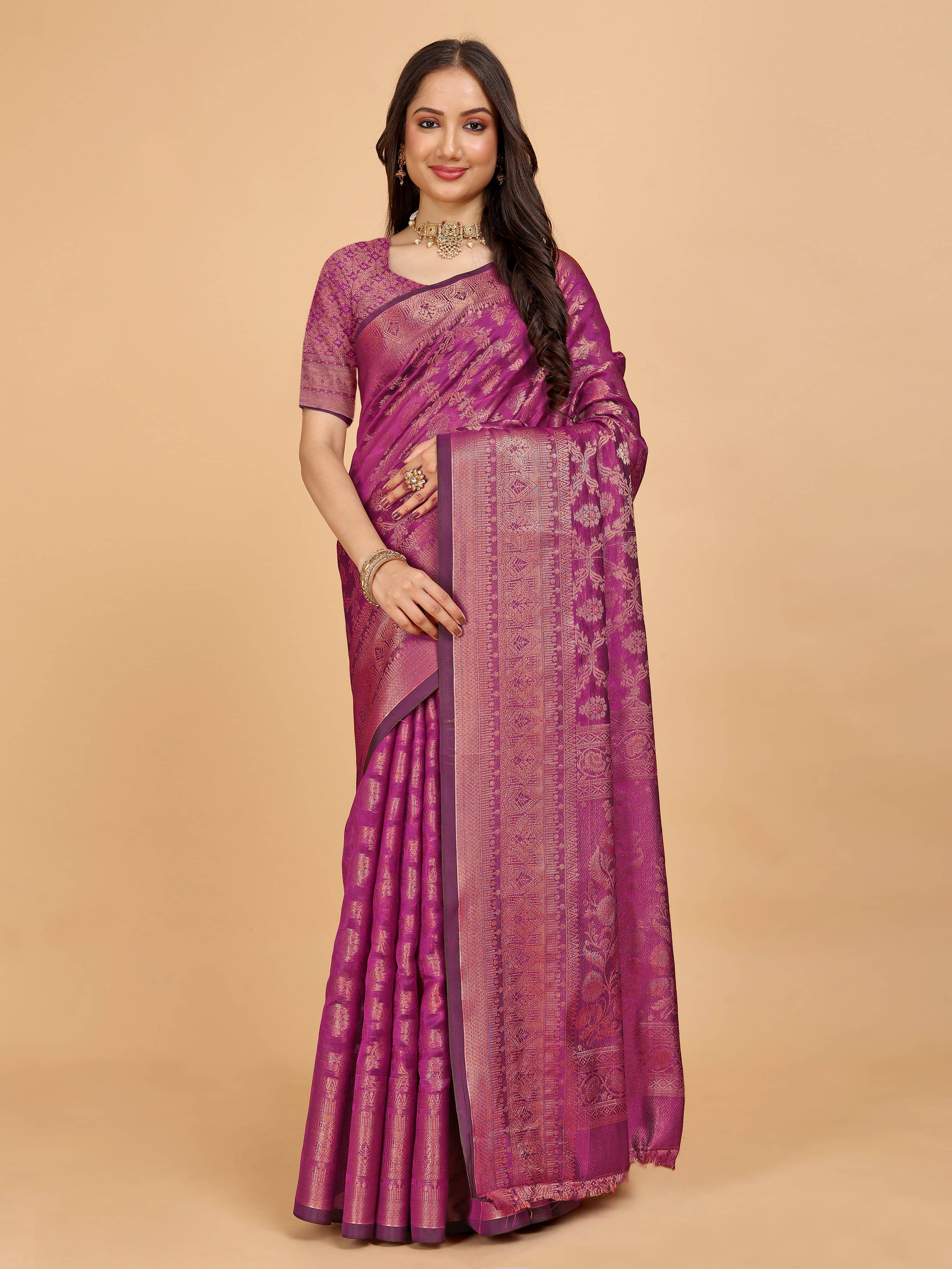     			Indian Fashionista Organza Embellished Saree With Unstitched Blouse Piece ( Pink )