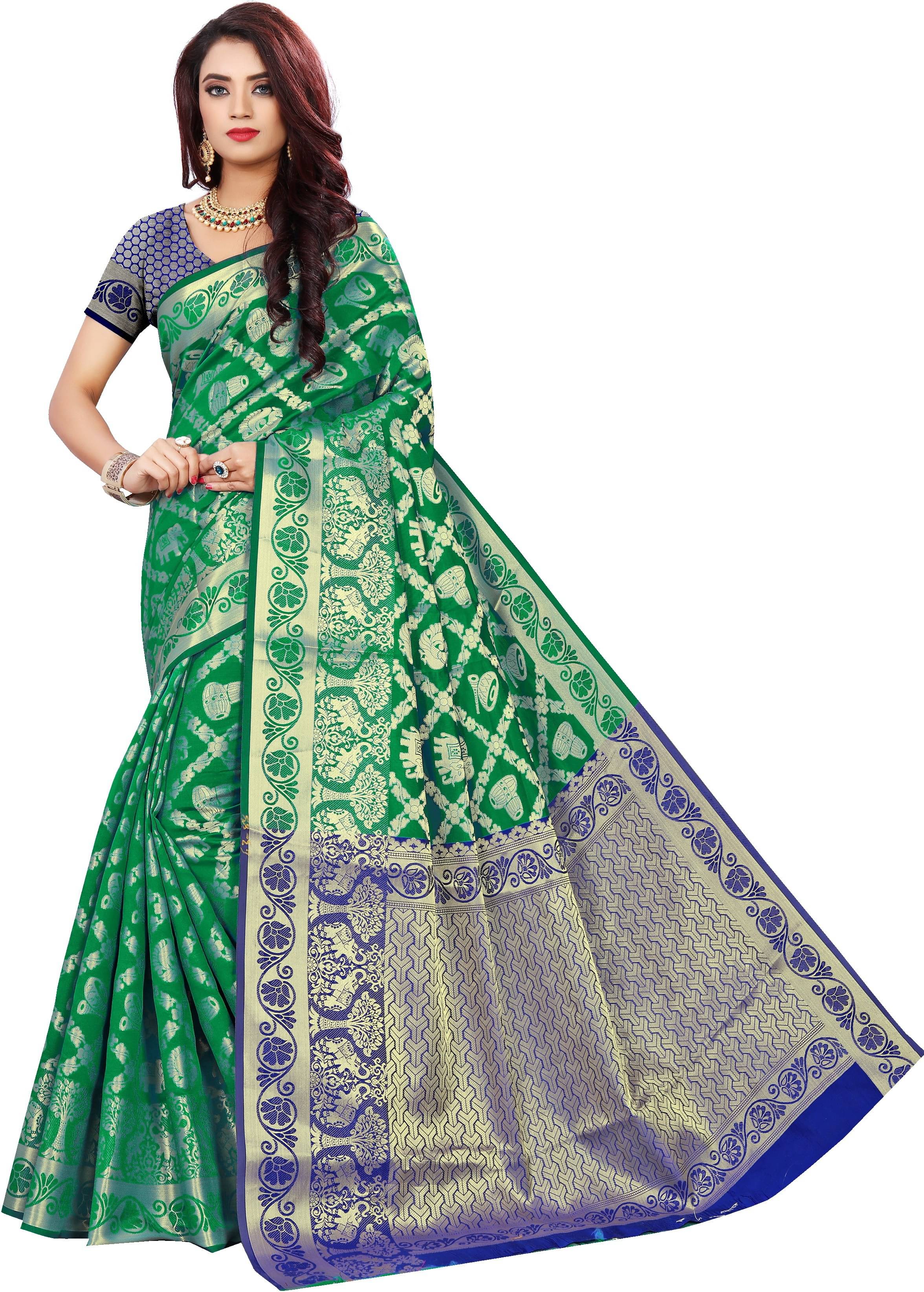     			Indian Fashionista Silk Blend Embellished Saree With Unstitched Blouse Piece ( Green )