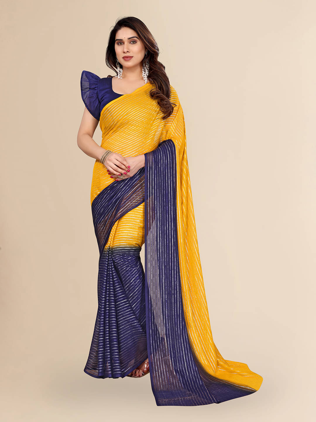 Kashvi Sarees Georgette Striped Saree With Unstitched Blouse Piece ( Yellow ) Kashvi Sarees Georgette Striped Saree With Unstitched Blouse Piece ( Yellow )