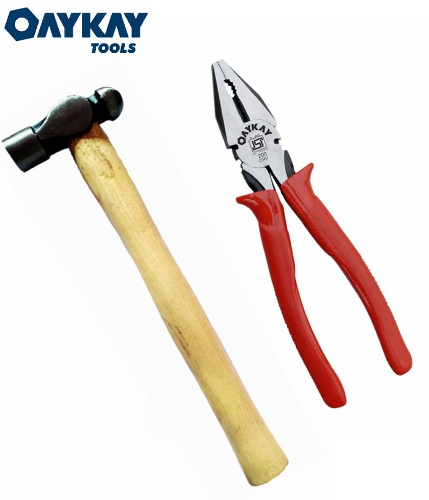     			Oaykay Tools Wooden Handle Hammer 200gm Heavy Duty & Combination Side Cutting Pliers