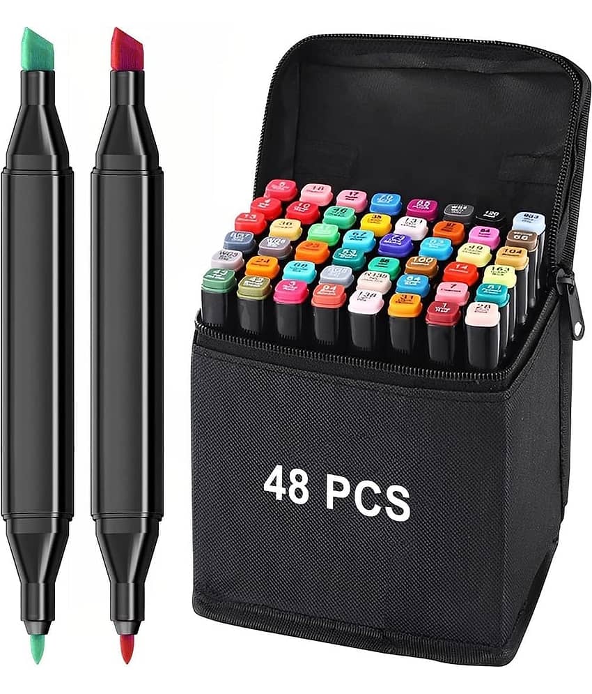 SKYVILLA Dual Tip Colorful Art Markers Sketch Pens 48 Colors With Carrying Case For Painting Sketching Calligraphy Drawing -Twin Head Permanent Colouring Marker Pens For Kids Adult, Multicolor (48) - Stationery | Buy online on ZillyBuy