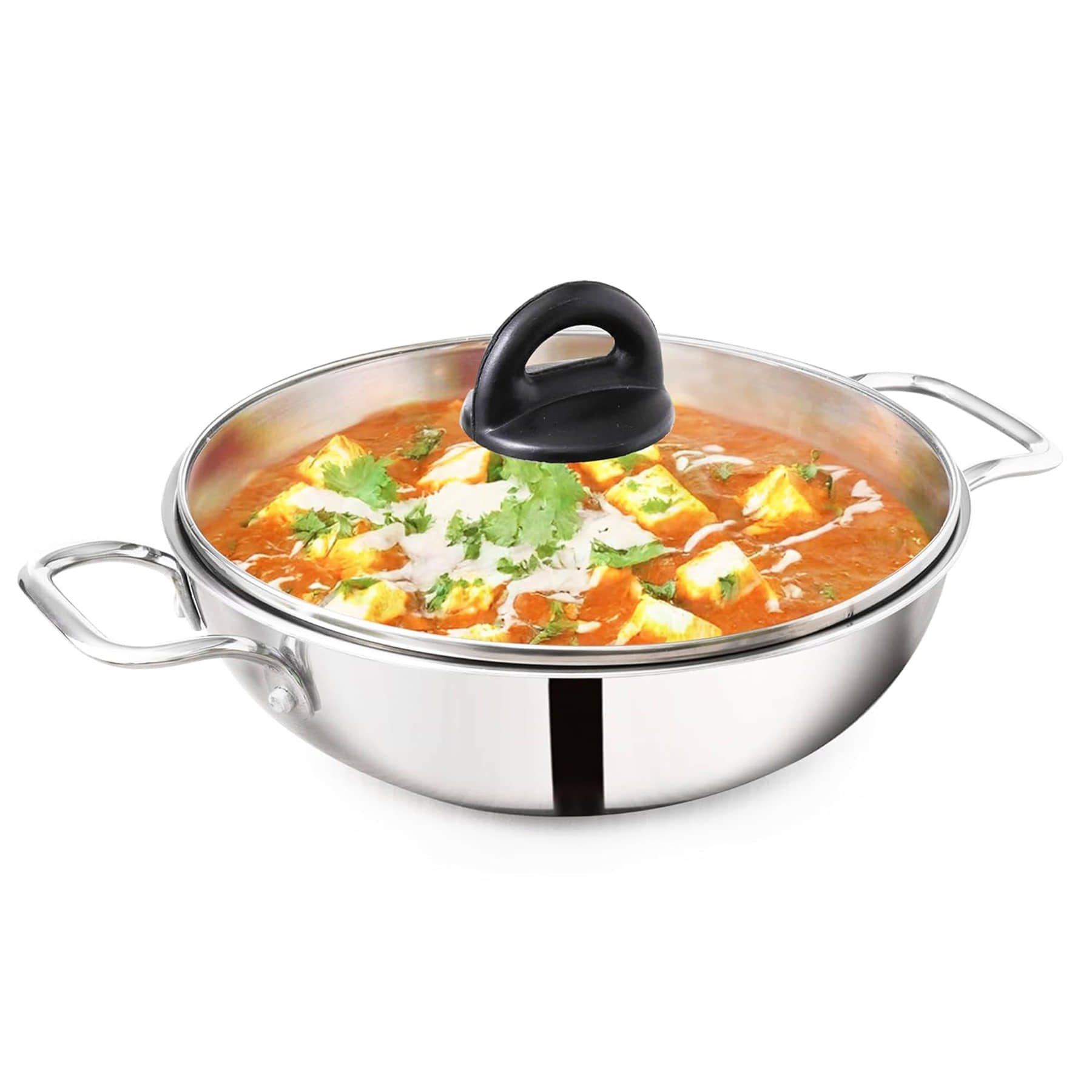 The Indus Valley Non Coated Stainless Steel Chetty Pan Induction Bottom with Glass Lid mm Thickness 26 cm Diameter 3.5 Ltr - Cookware | Buy online on ZillyBuy