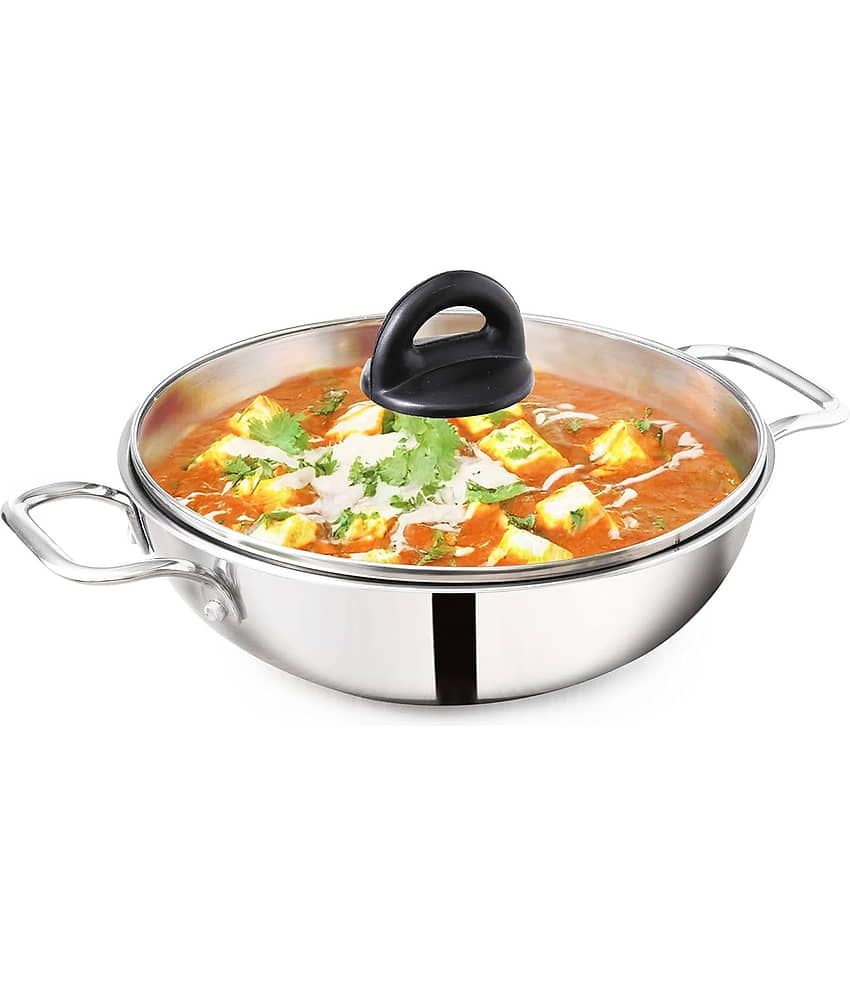 The Indus Valley Non Coated Stainless Steel Chetty Pan Induction Bottom with Glass Lid mm Thickness 26 cm Diameter 3.5 Ltr - Cookware | Buy online on ZillyBuy