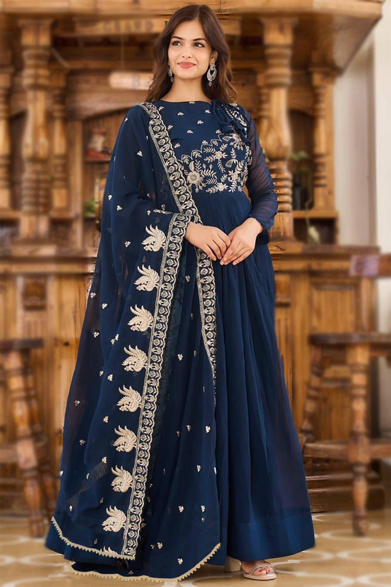 Trijal Fab Navy Blue Anarkali Georgette Women's Stitched Ethnic Gown ( Pack of 1 ) Trijal Fab Navy Blue Anarkali Georgette Women's Stitched Ethnic Gown ( Pack of 1 )