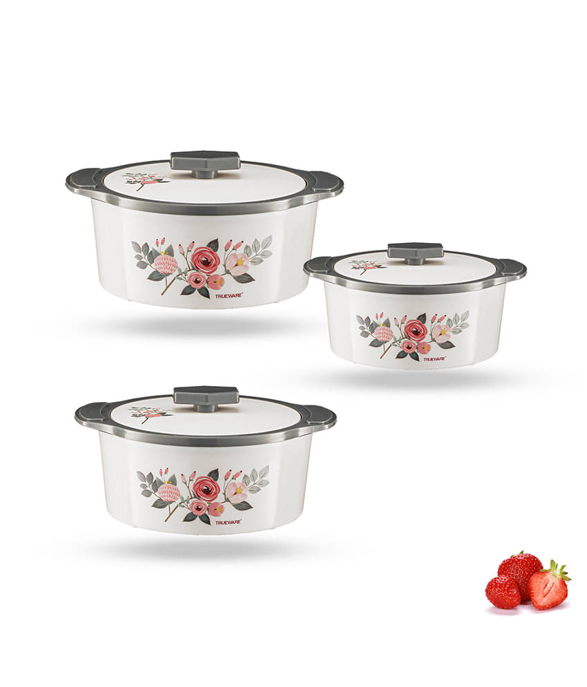 Trueware Florra Plastic & Dark Blue Steel Thermoware Casserole ( Set of 3 , 2500 mL ) Trueware Florra Plastic & Dark Blue Steel Thermoware Casserole ( Set of 3 , 2500 mL )