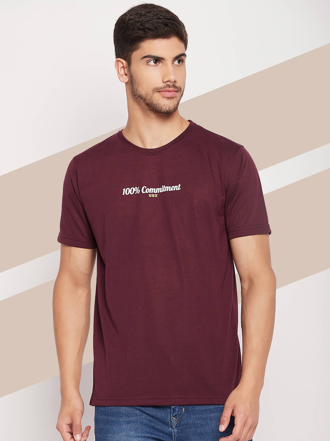     			UBX Cotton Blend Regular Fit Printed Half Sleeves Men's Round T-Shirt - Maroon ( Pack of 1 )