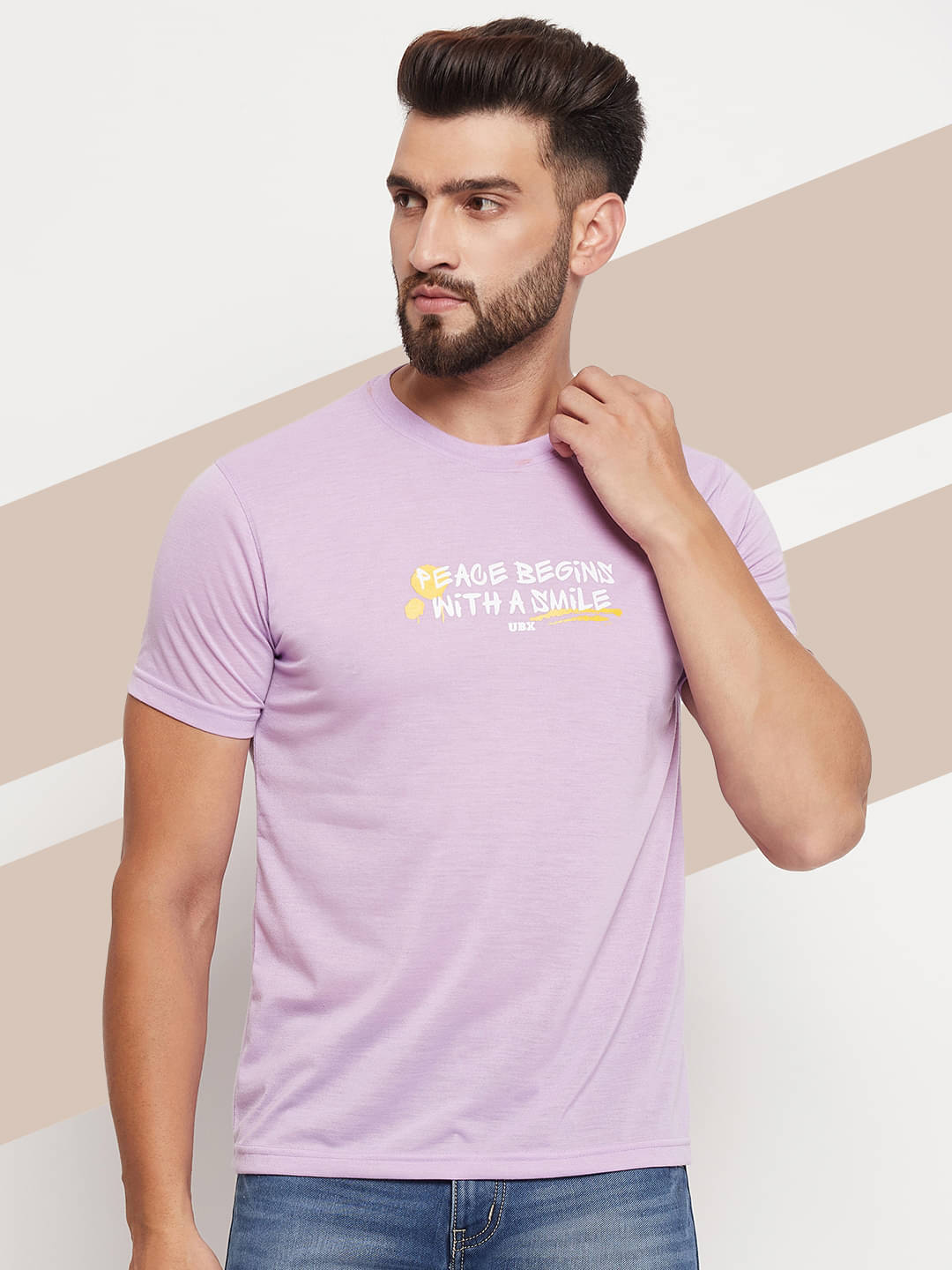 UBX Cotton Blend Regular Fit Printed Half Sleeves Men's Round T-Shirt - Lavender ( Pack of 1 ) UBX Cotton Blend Regular Fit Printed Half Sleeves Men's Round T-Shirt - Lavender ( Pack of 1 )