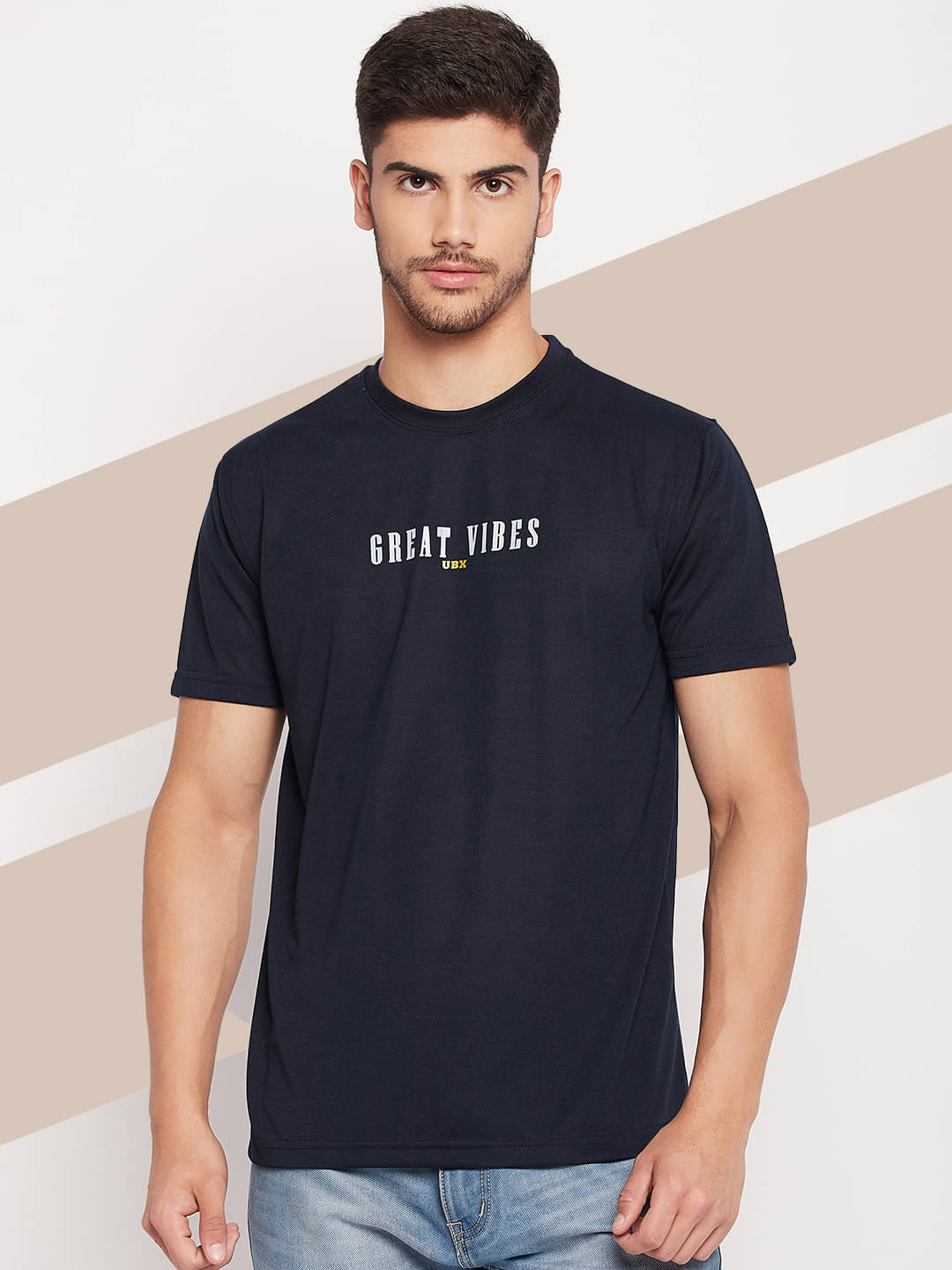 UBX Cotton Blend Regular Fit Printed Half Sleeves Men's Round T-Shirt - Navy Blue ( Pack of 1 ) UBX Cotton Blend Regular Fit Printed Half Sleeves Men's Round T-Shirt - Navy Blue ( Pack of 1 )