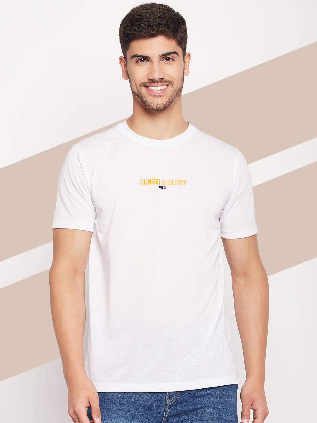     			UBX Cotton Blend Regular Fit Printed Half Sleeves Men's Round T-Shirt - White ( Pack of 1 )
