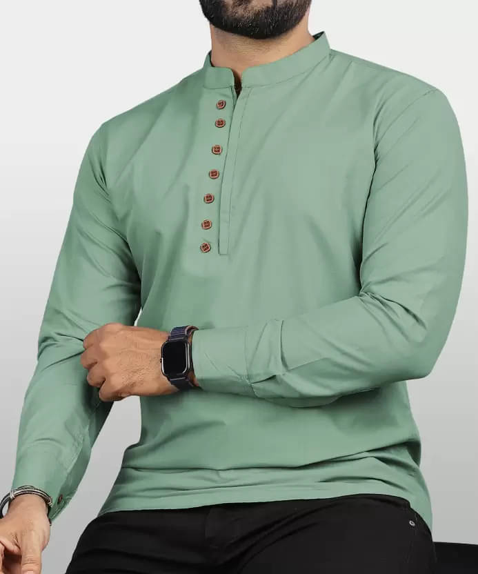     			VTEXX Olive Green Cotton Blend Men's Shirt Style Kurta ( Pack of 1 )