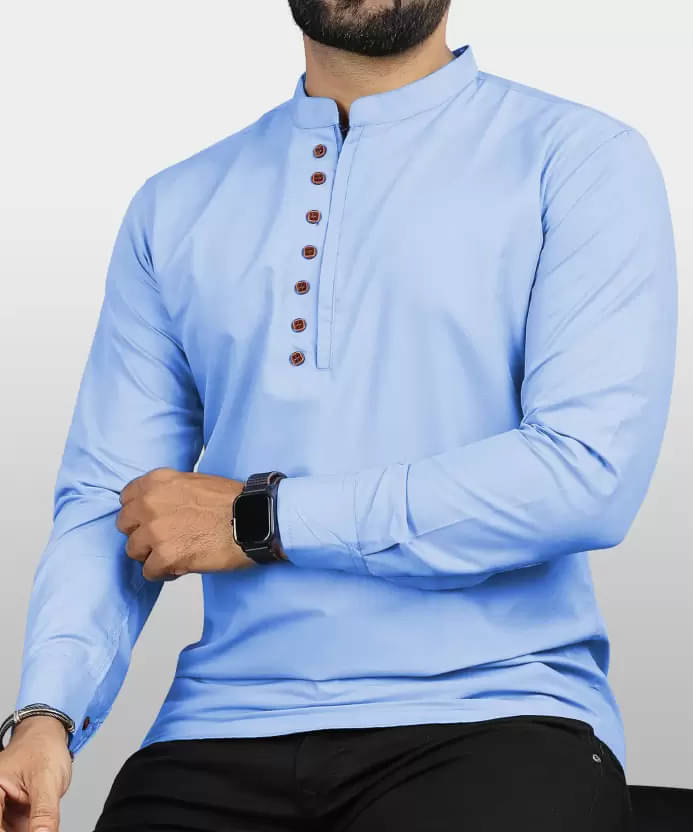     			VTEXX Sky Blue Cotton Blend Men's Shirt Style Kurta ( Pack of 1 )