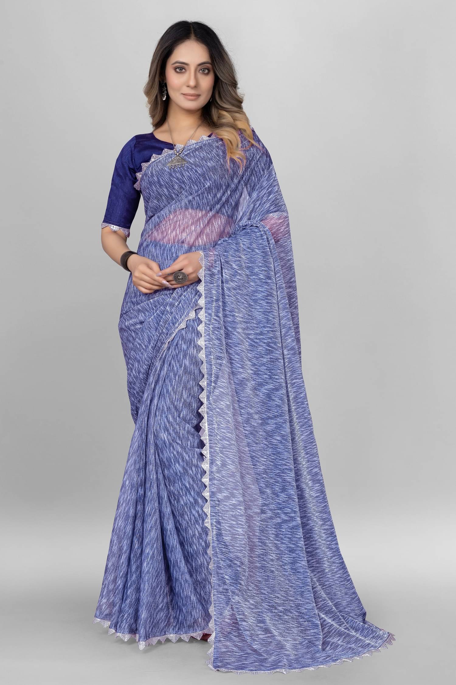     			A TO Z CART Lycra Embellished Saree With Unstitched Blouse Piece ( Navy Blue )