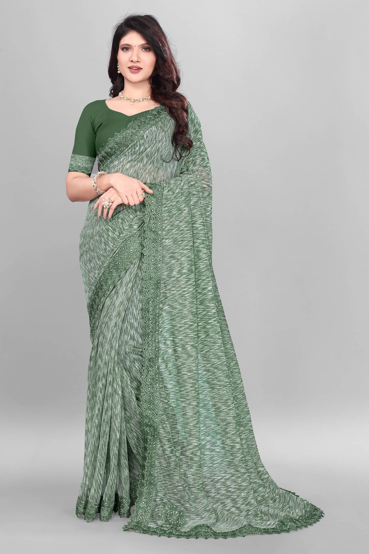 A TO Z CART Lycra Embellished Saree With Unstitched Blouse Piece ( Green ) A TO Z CART Lycra Embellished Saree With Unstitched Blouse Piece ( Green )