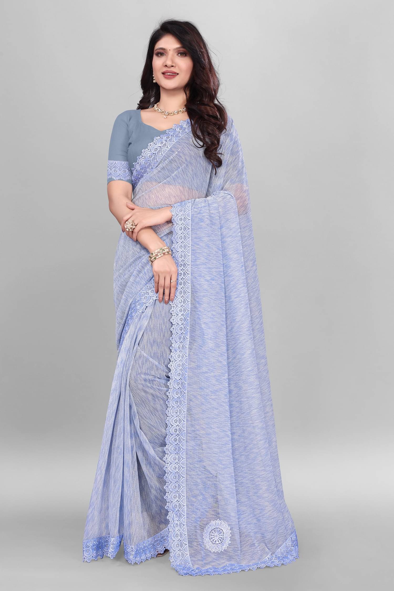 A TO Z CART Lycra Embellished Saree With Unstitched Blouse Piece ( SkyBlue ) A TO Z CART Lycra Embellished Saree With Unstitched Blouse Piece ( SkyBlue )