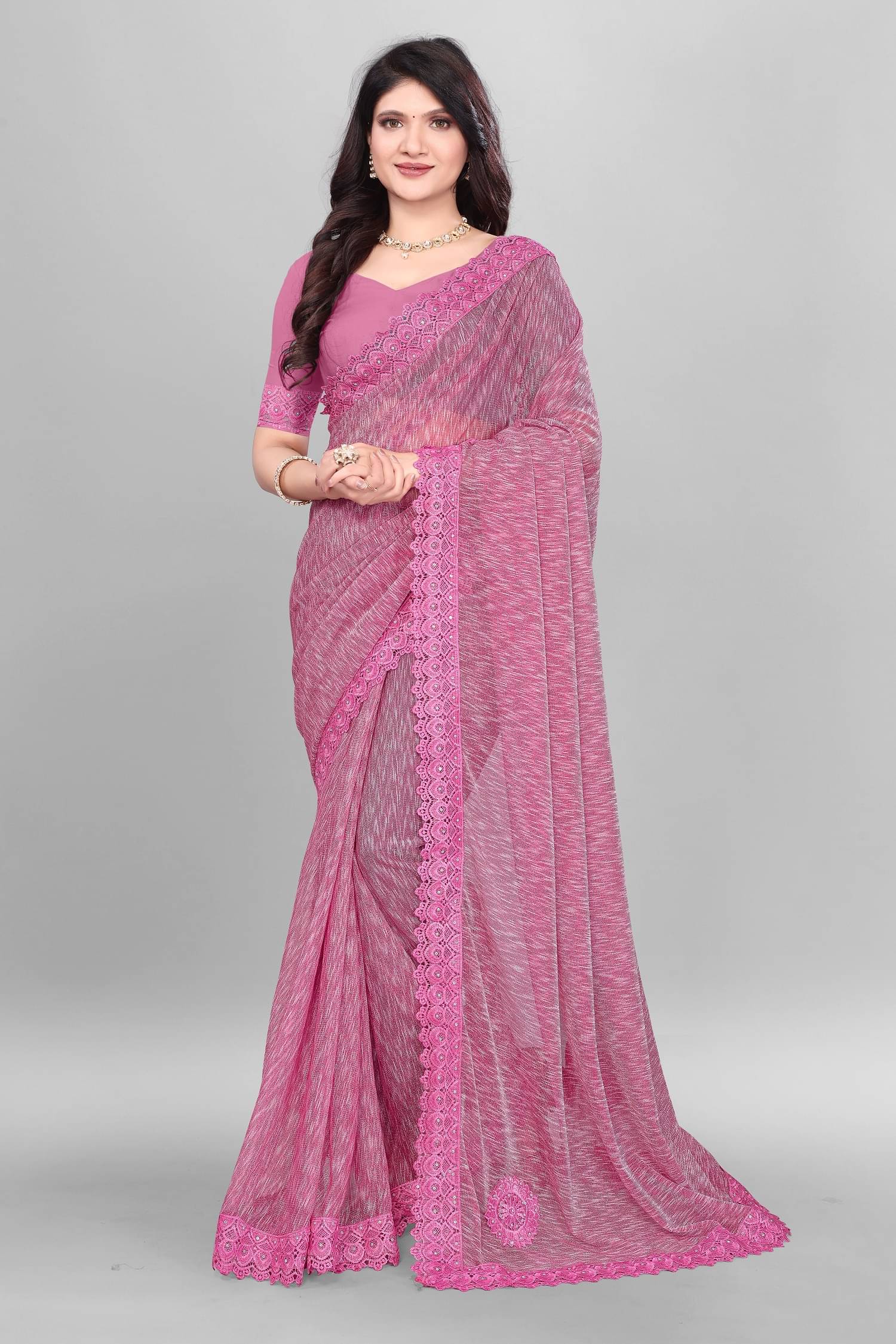 A TO Z CART Lycra Embellished Saree With Unstitched Blouse Piece ( Rose Gold ) A TO Z CART Lycra Embellished Saree With Unstitched Blouse Piece ( Rose Gold )