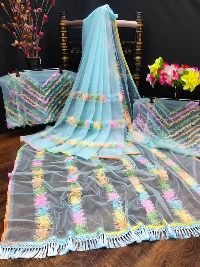 A TO Z CART Net Embroidered Saree With Unstitched Blouse Piece ( SkyBlue ) A TO Z CART Net Embroidered Saree With Unstitched Blouse Piece ( SkyBlue )