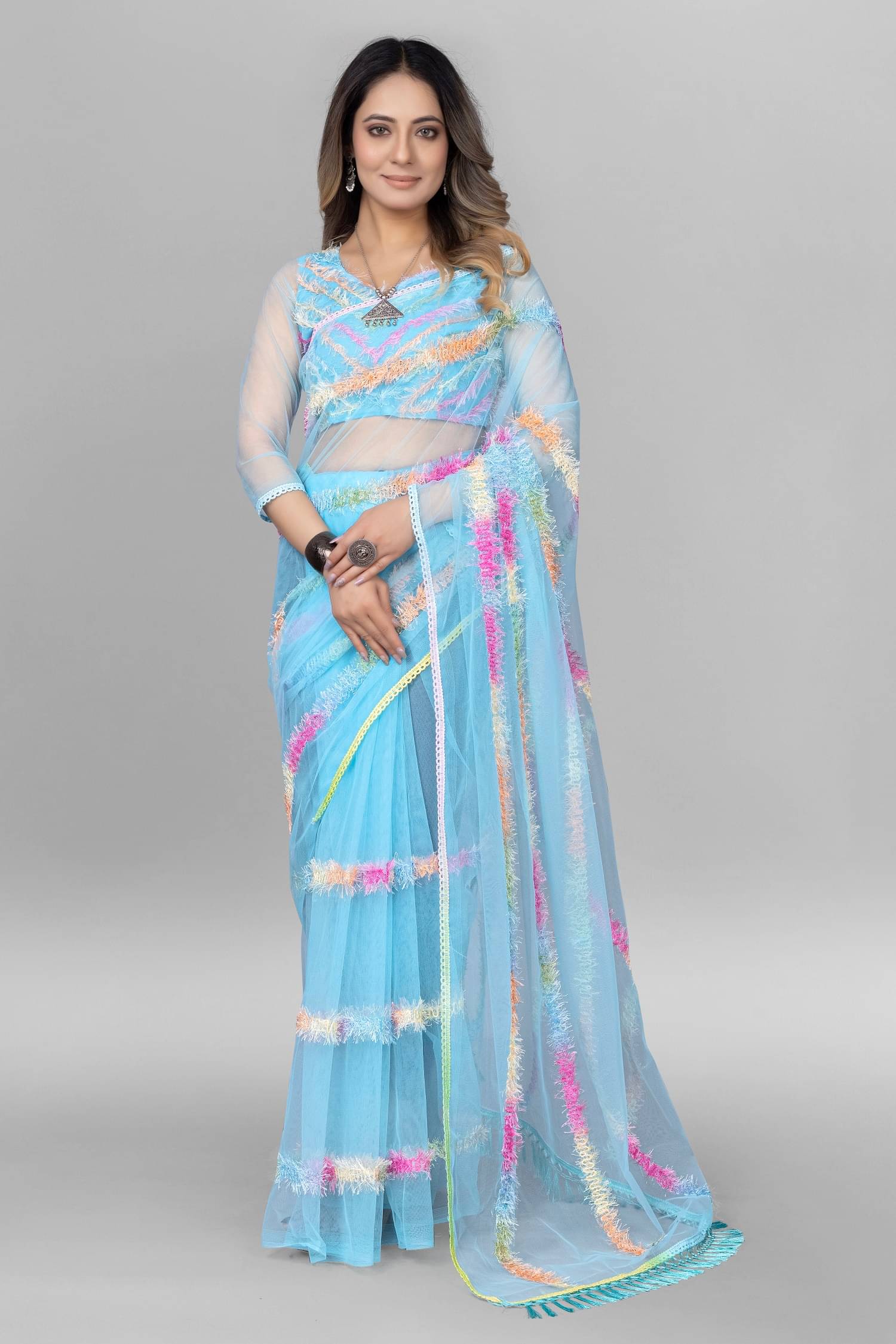 A TO Z CART Net Embroidered Saree With Unstitched Blouse Piece ( SkyBlue ) A TO Z CART Net Embroidered Saree With Unstitched Blouse Piece ( SkyBlue )