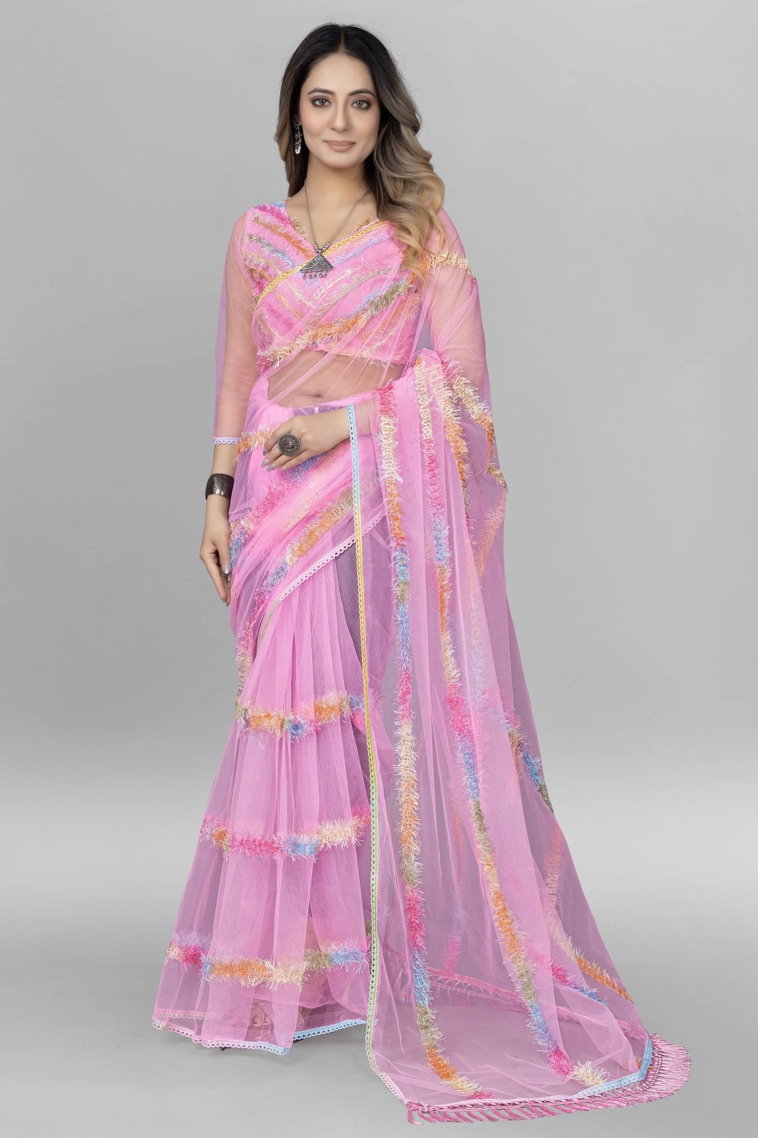 A TO Z CART Net Embroidered Saree With Unstitched Blouse Piece ( Pink ) A TO Z CART Net Embroidered Saree With Unstitched Blouse Piece ( Pink )