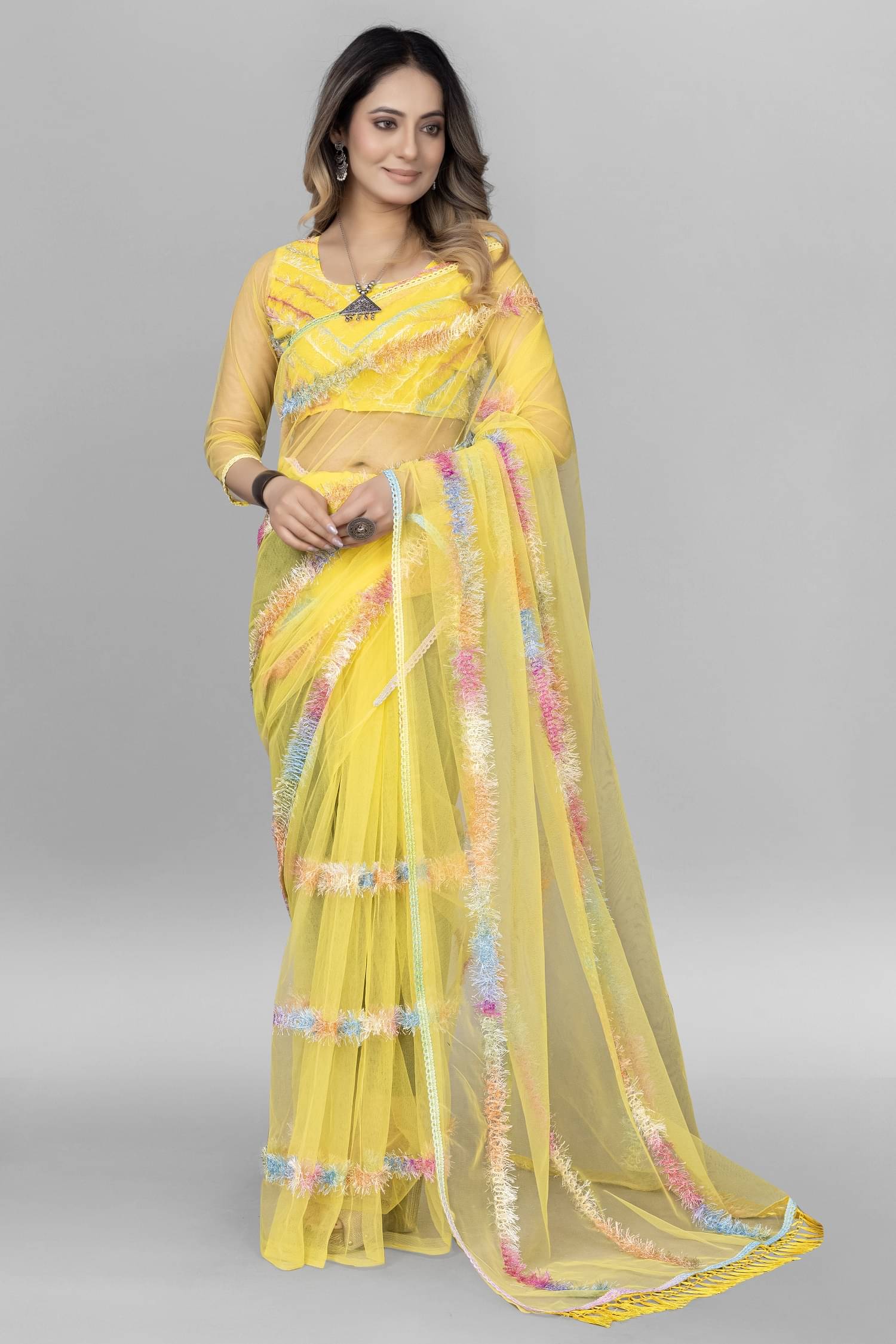 A TO Z CART Net Embroidered Saree With Unstitched Blouse Piece ( Yellow ) A TO Z CART Net Embroidered Saree With Unstitched Blouse Piece ( Yellow )