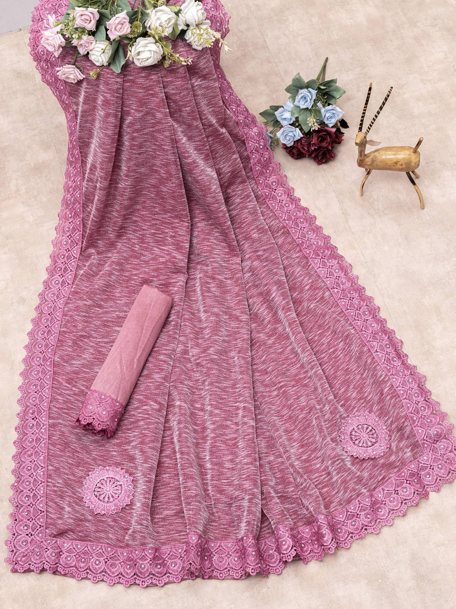 Aika Lycra Embellished Saree With Unstitched Blouse Piece ( Rose Gold ) Aika Lycra Embellished Saree With Unstitched Blouse Piece ( Rose Gold )
